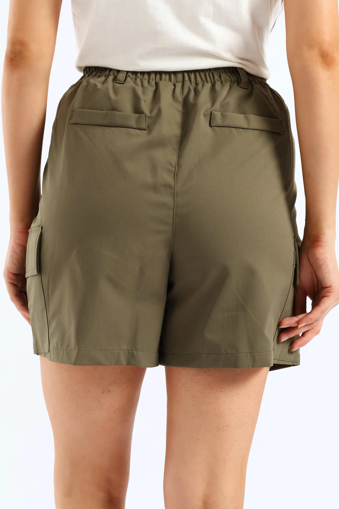 Pleat Front Utility Pocket Mid Thigh Shorts - Light Fatigue - Image 4