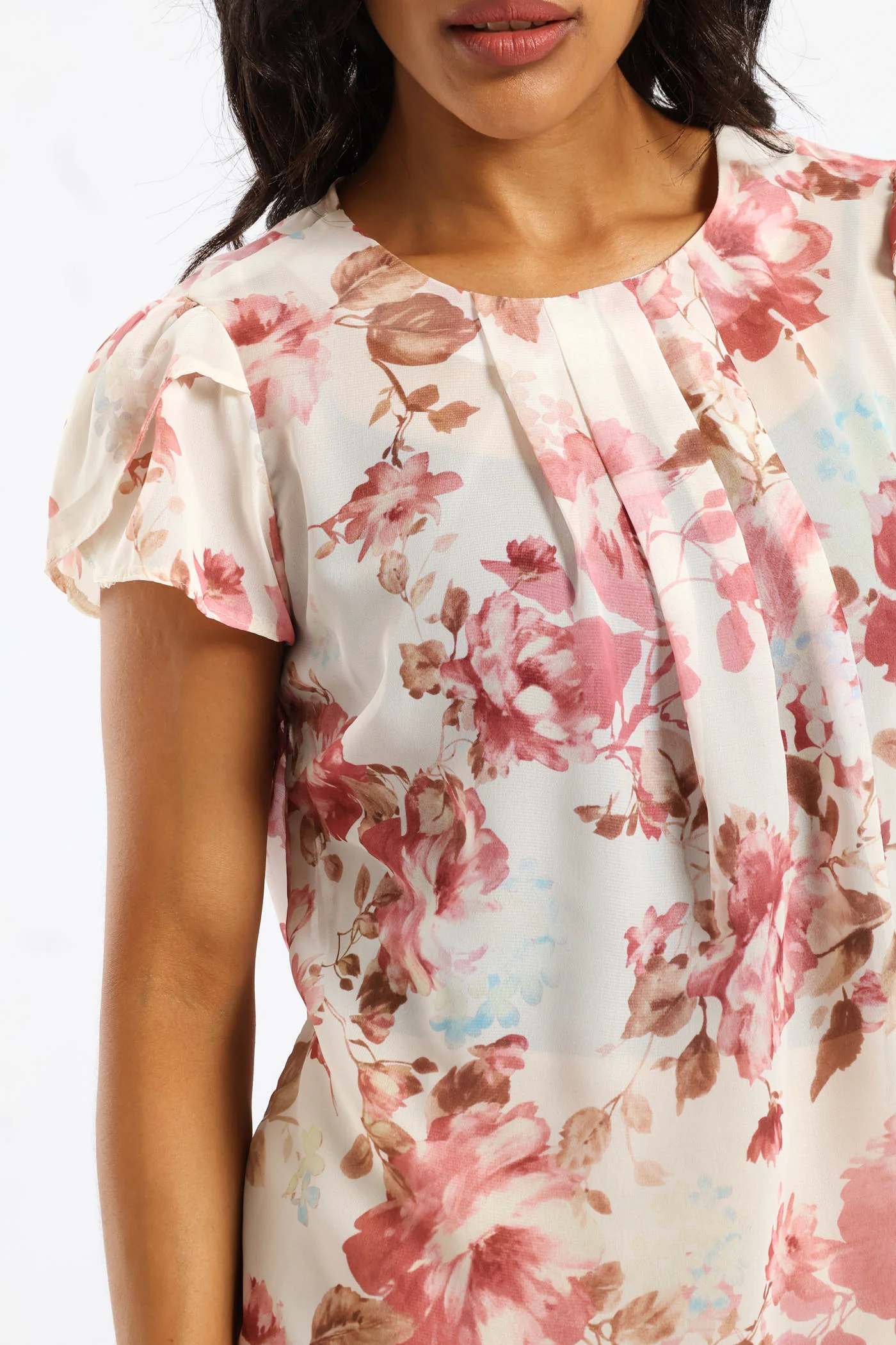 Pleat Neck Floral Blouse - Pink - Image 2