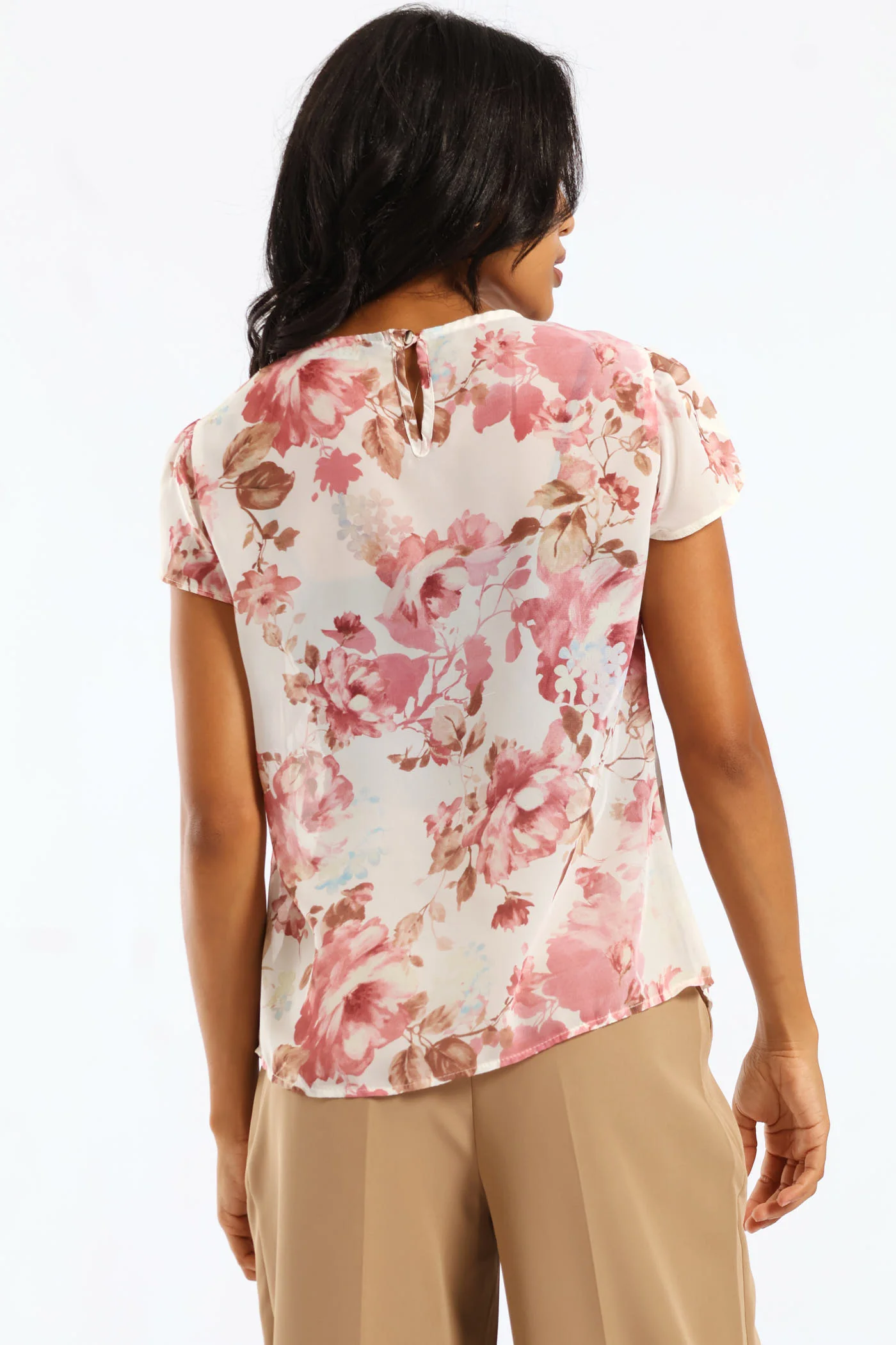 Pleat Neck Floral Blouse - Pink - Image 4