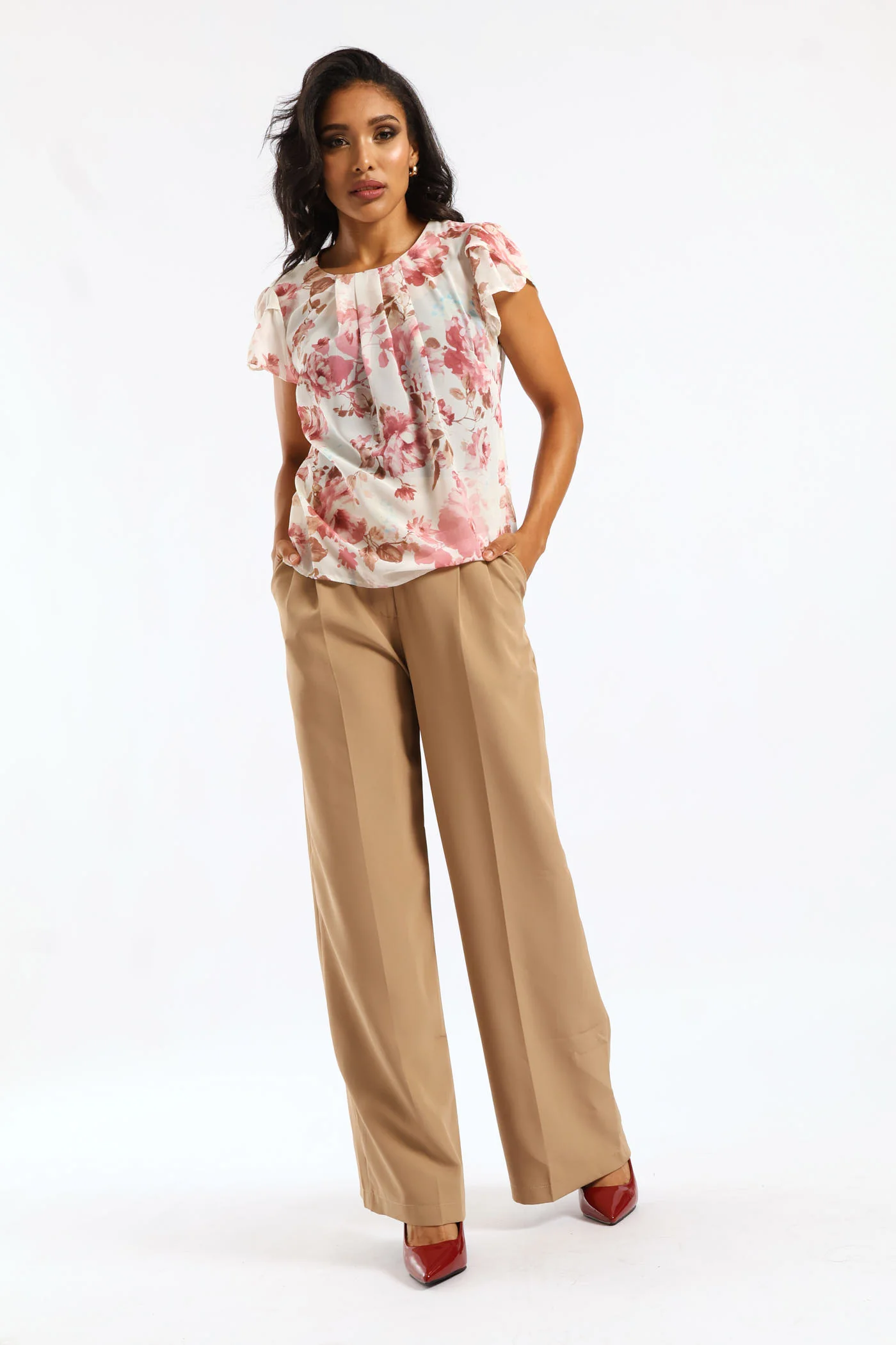 Pleat Neck Floral Blouse - Pink - Image 5