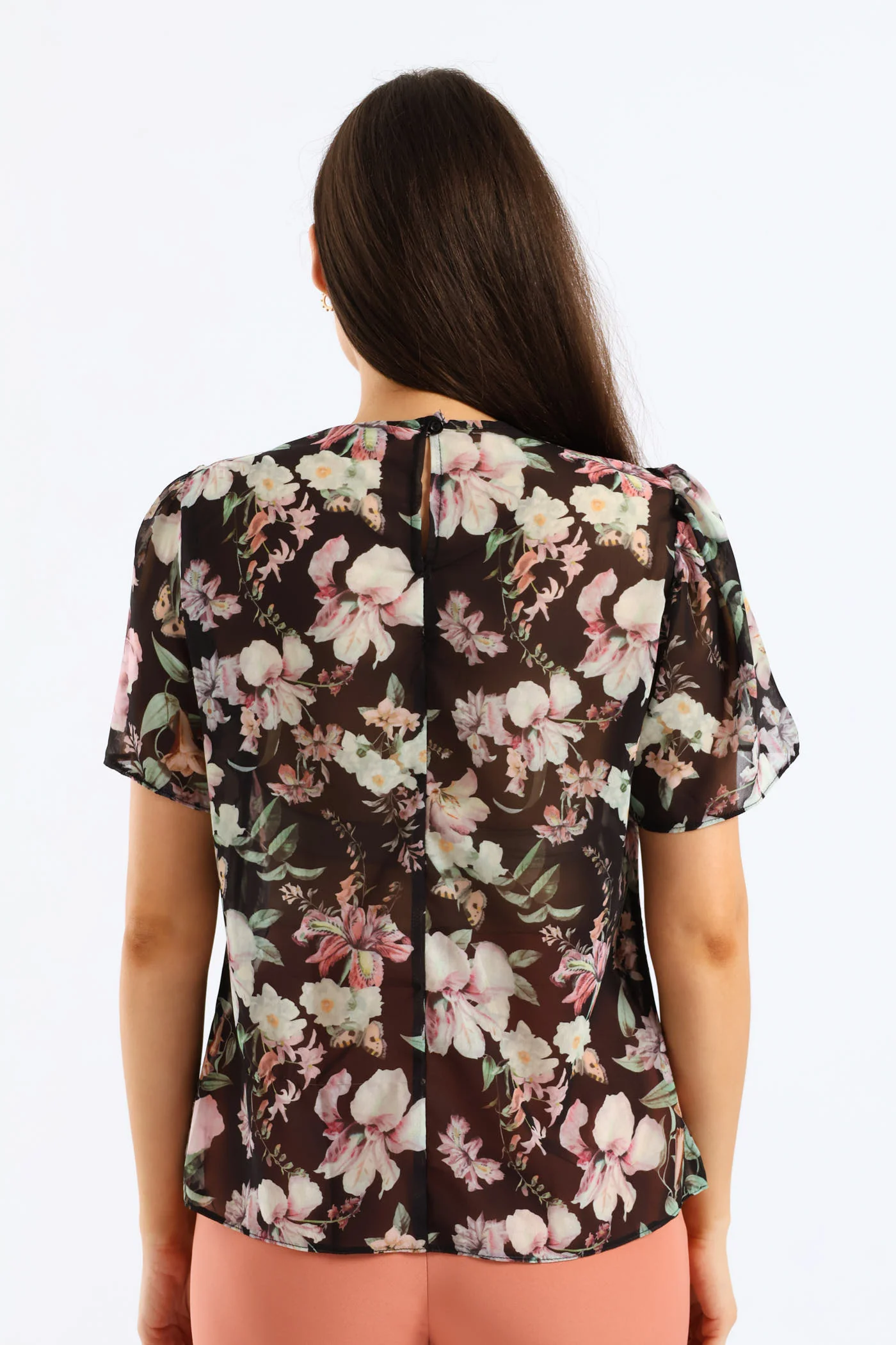 Pleat Neck Flutter Sleeve Blouse - Black - Image 3
