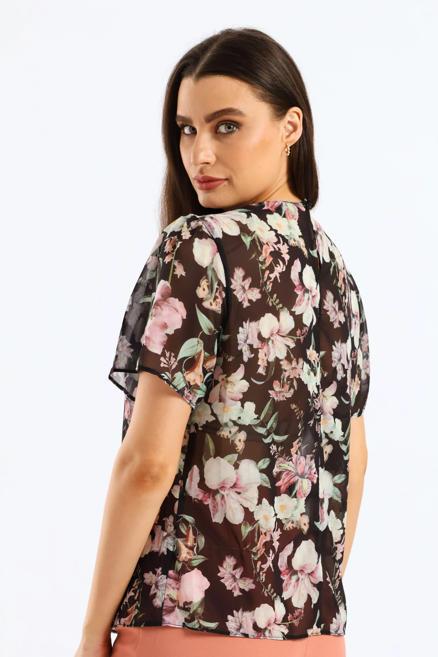 Pleat Neck Flutter Sleeve Blouse - Black - Image 4
