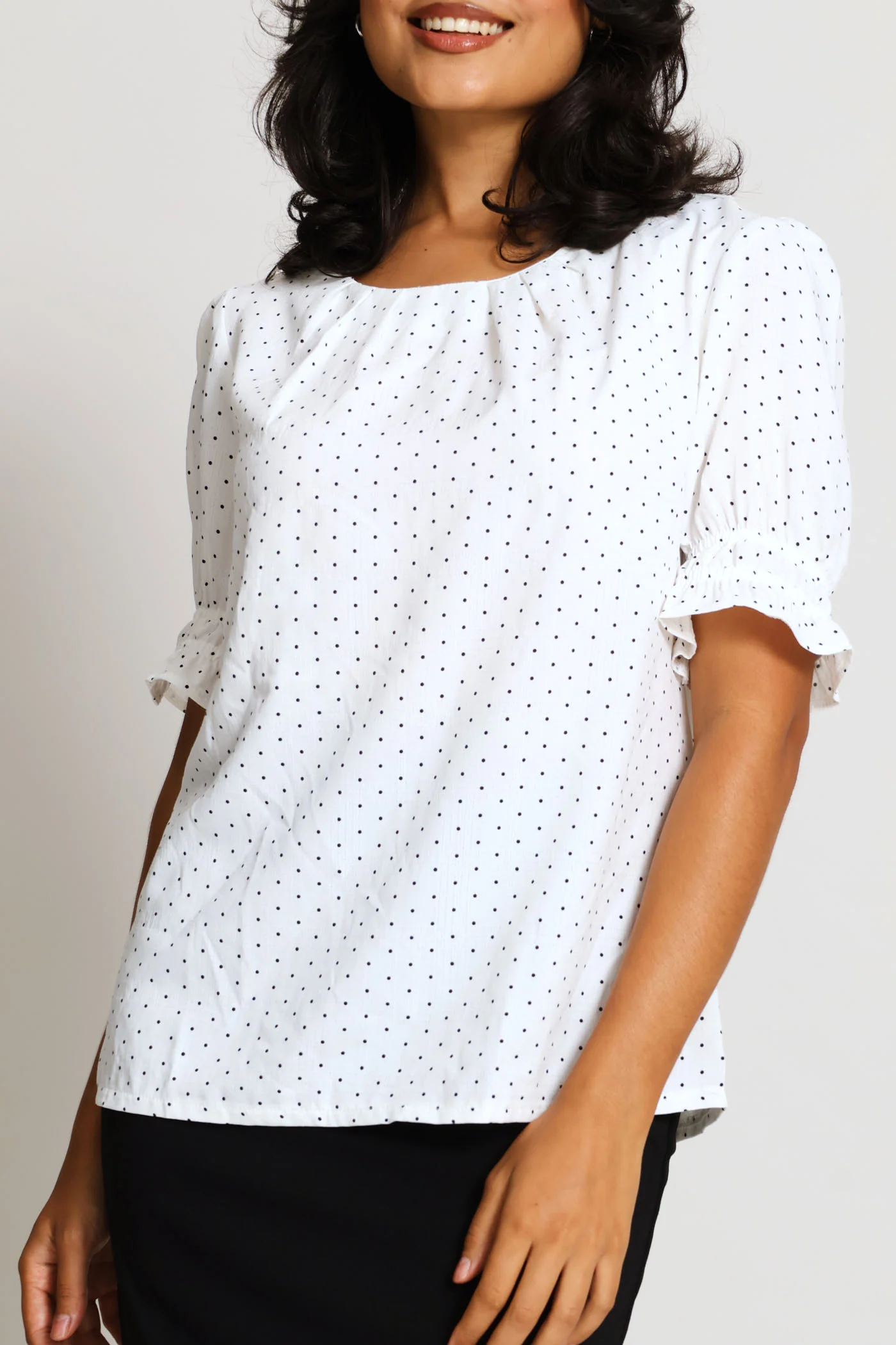 Pleat Neck Spot Puff Sleeve Blouse - Cream/Black - Image 2