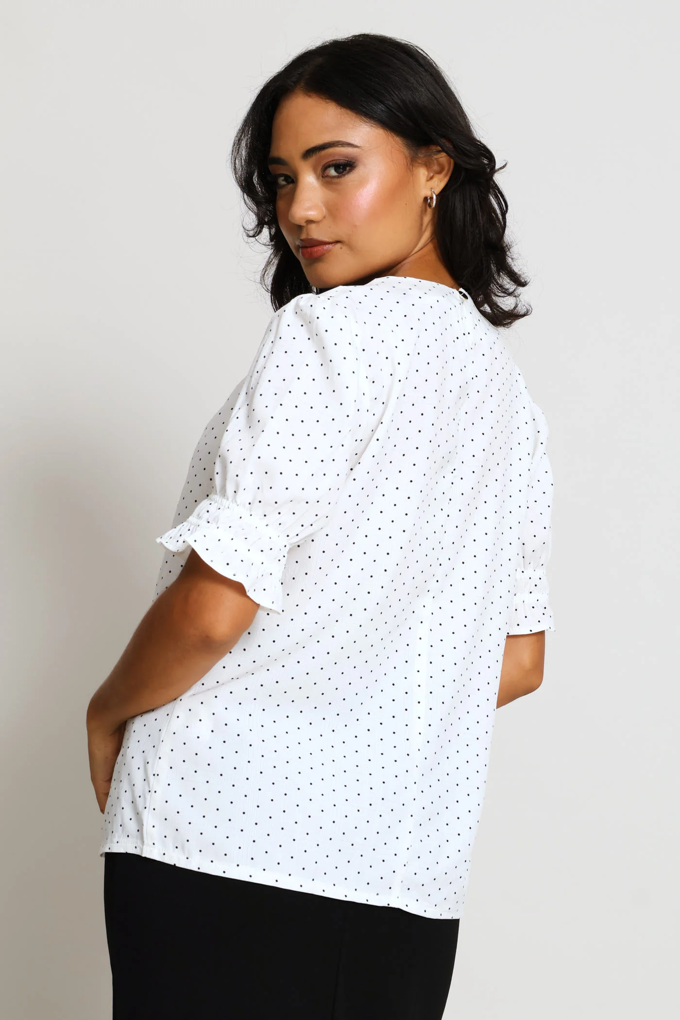Pleat Neck Spot Puff Sleeve Blouse - Cream/Black - Image 3