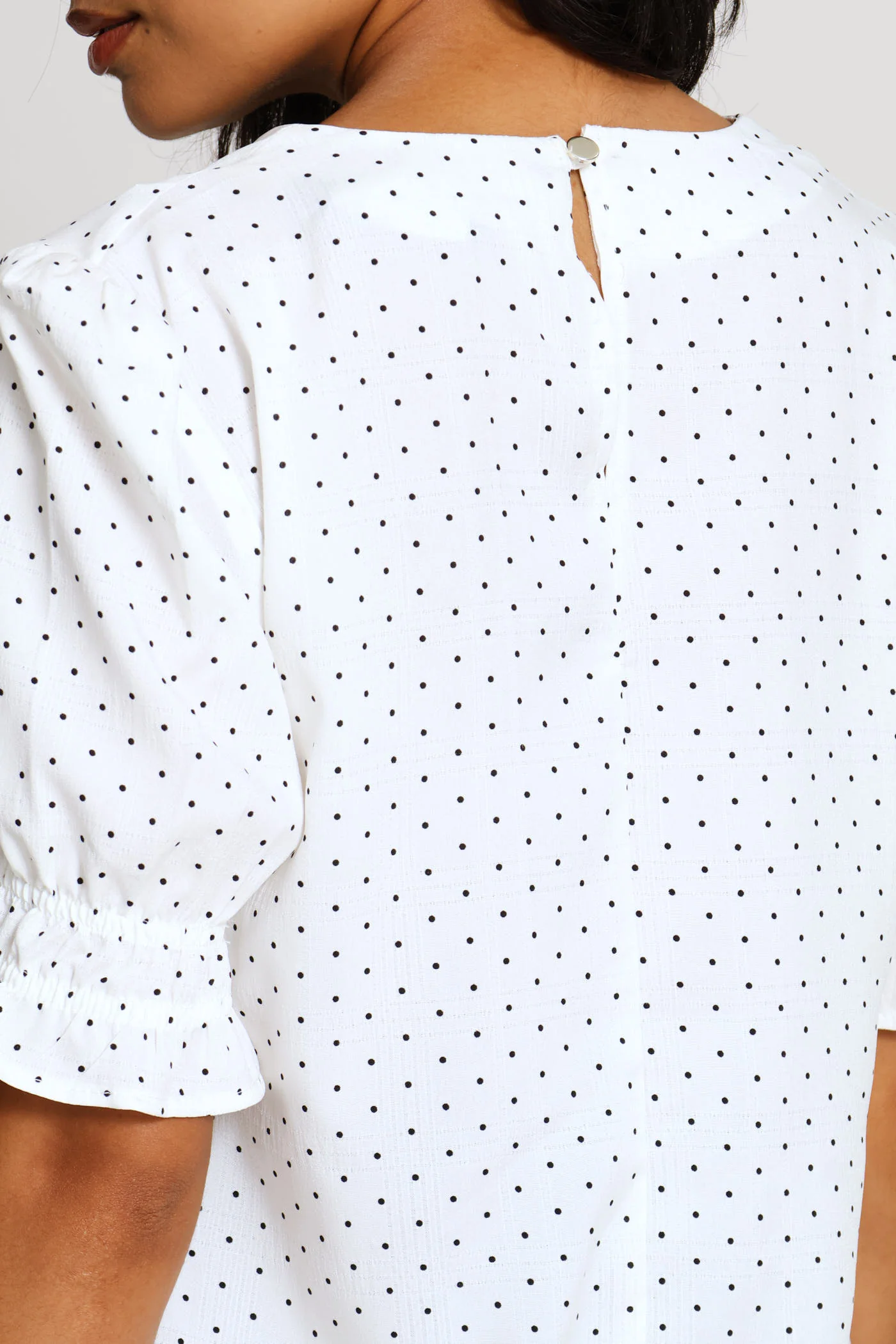 Pleat Neck Spot Puff Sleeve Blouse - Cream/Black - Image 4