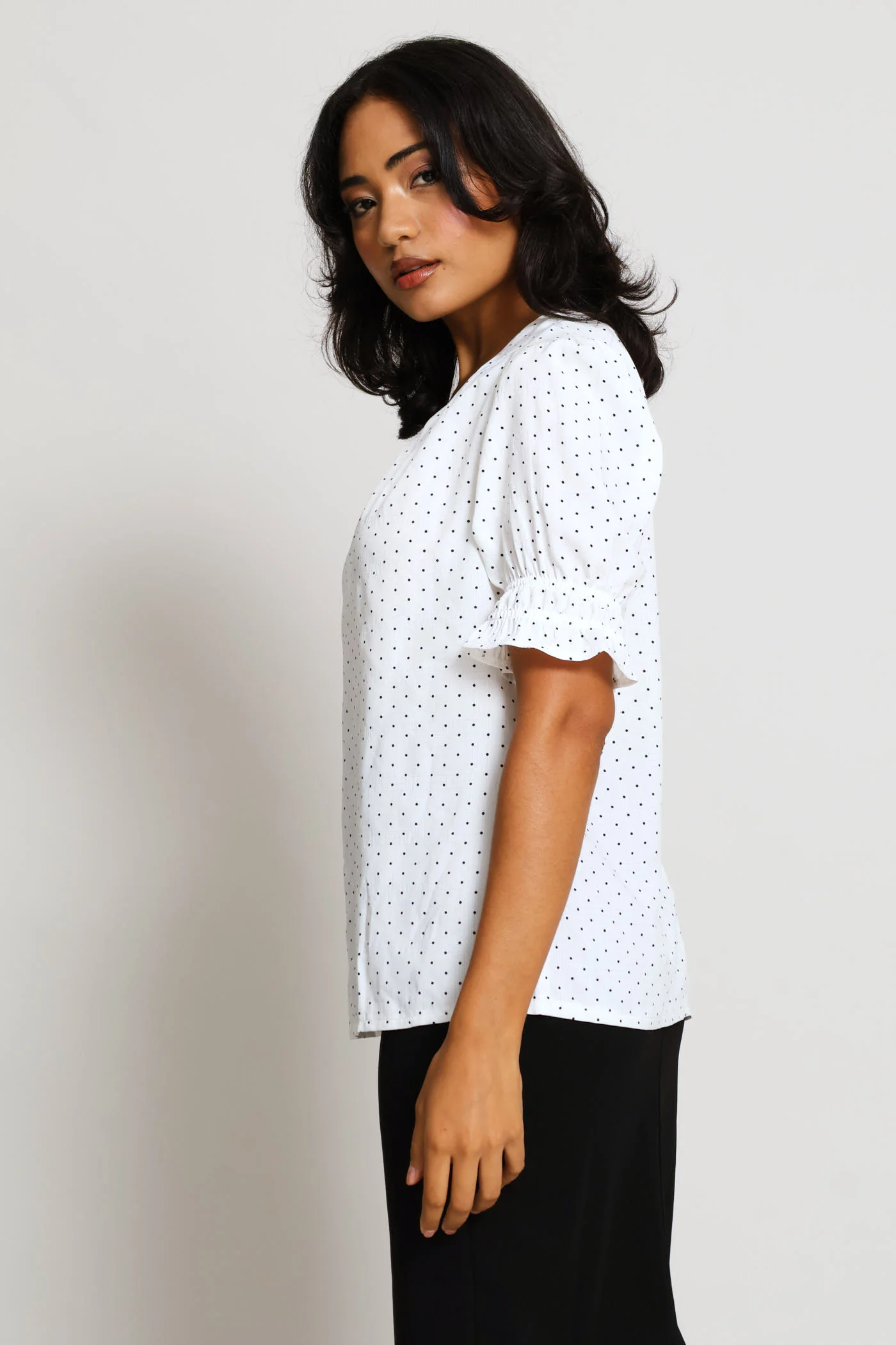 Pleat Neck Spot Puff Sleeve Blouse - Cream/Black - Image 5