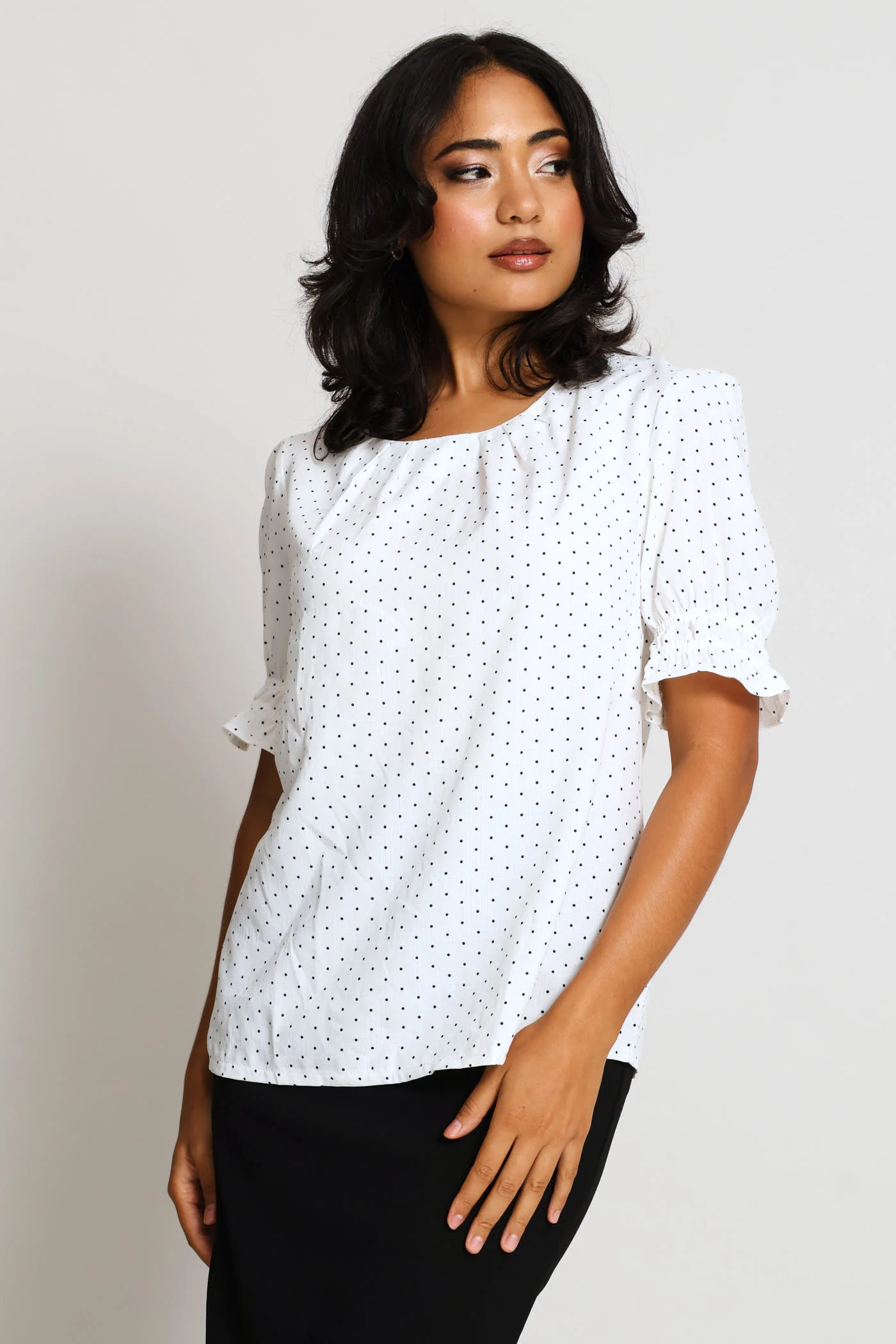 Pleat Neck Spot Puff Sleeve Blouse - Cream/Black - Image 6