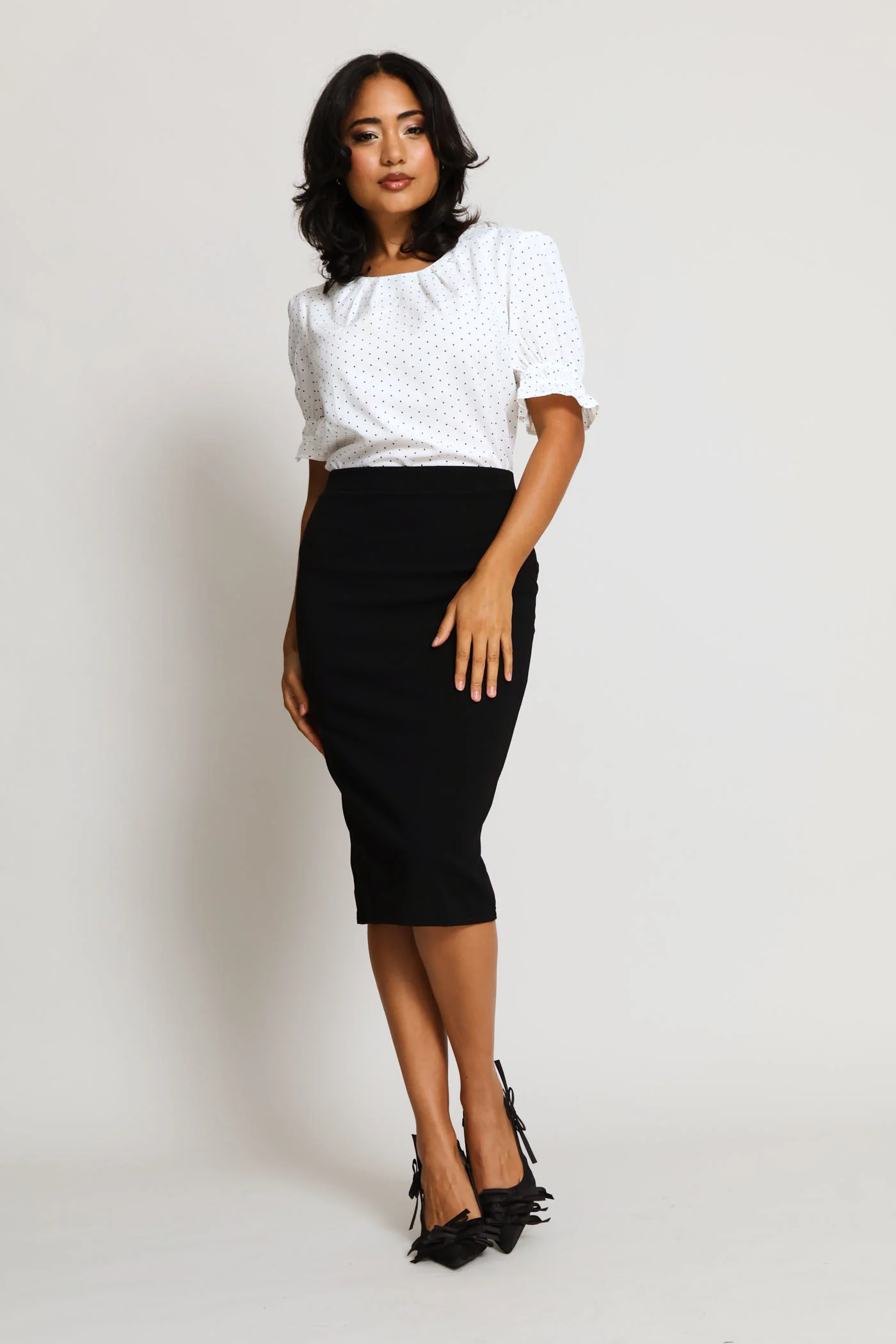 Pleat Neck Spot Puff Sleeve Blouse - Cream/Black - Image 7