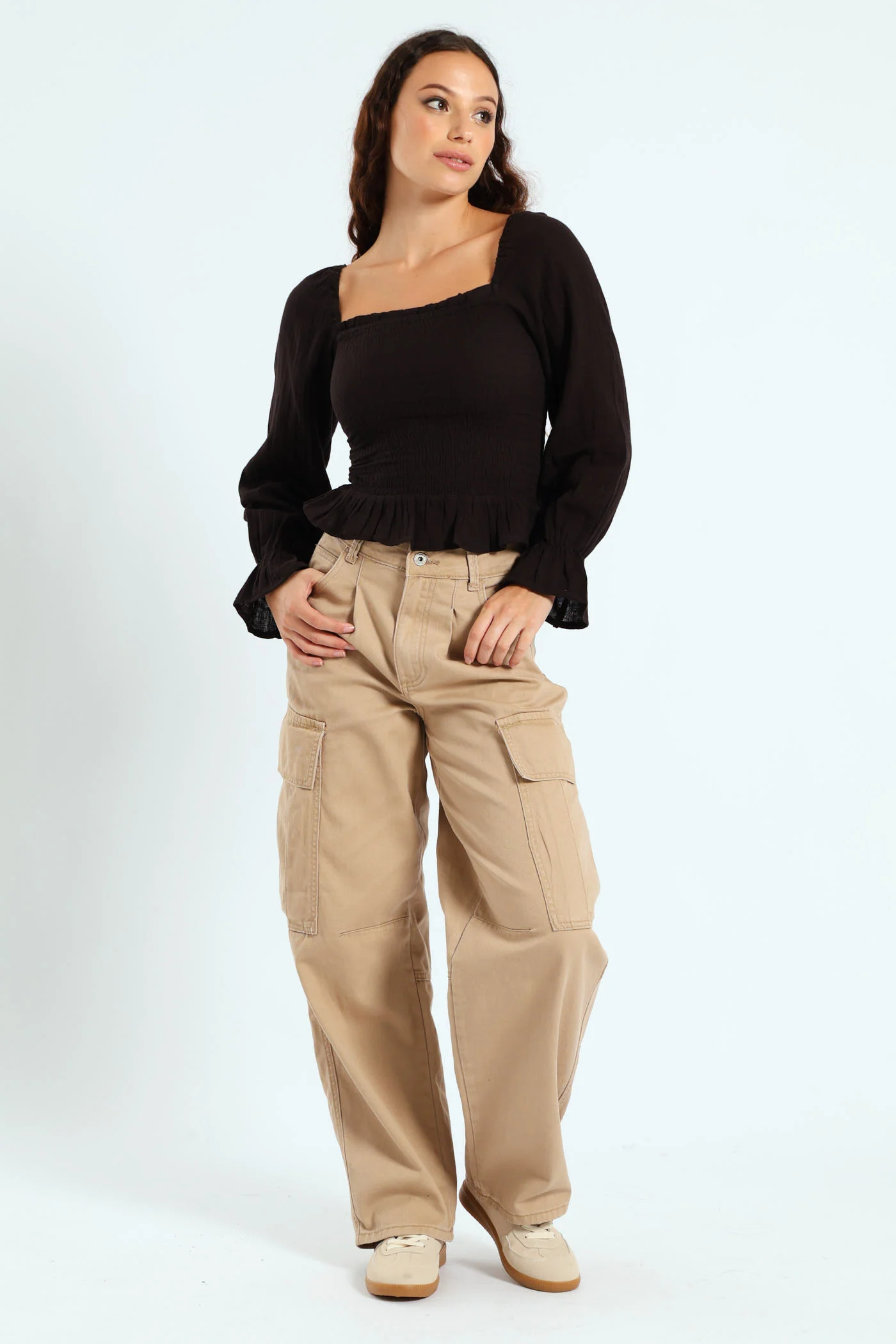 Pleated Barrel Cargo Pants - Stone - Image 7
