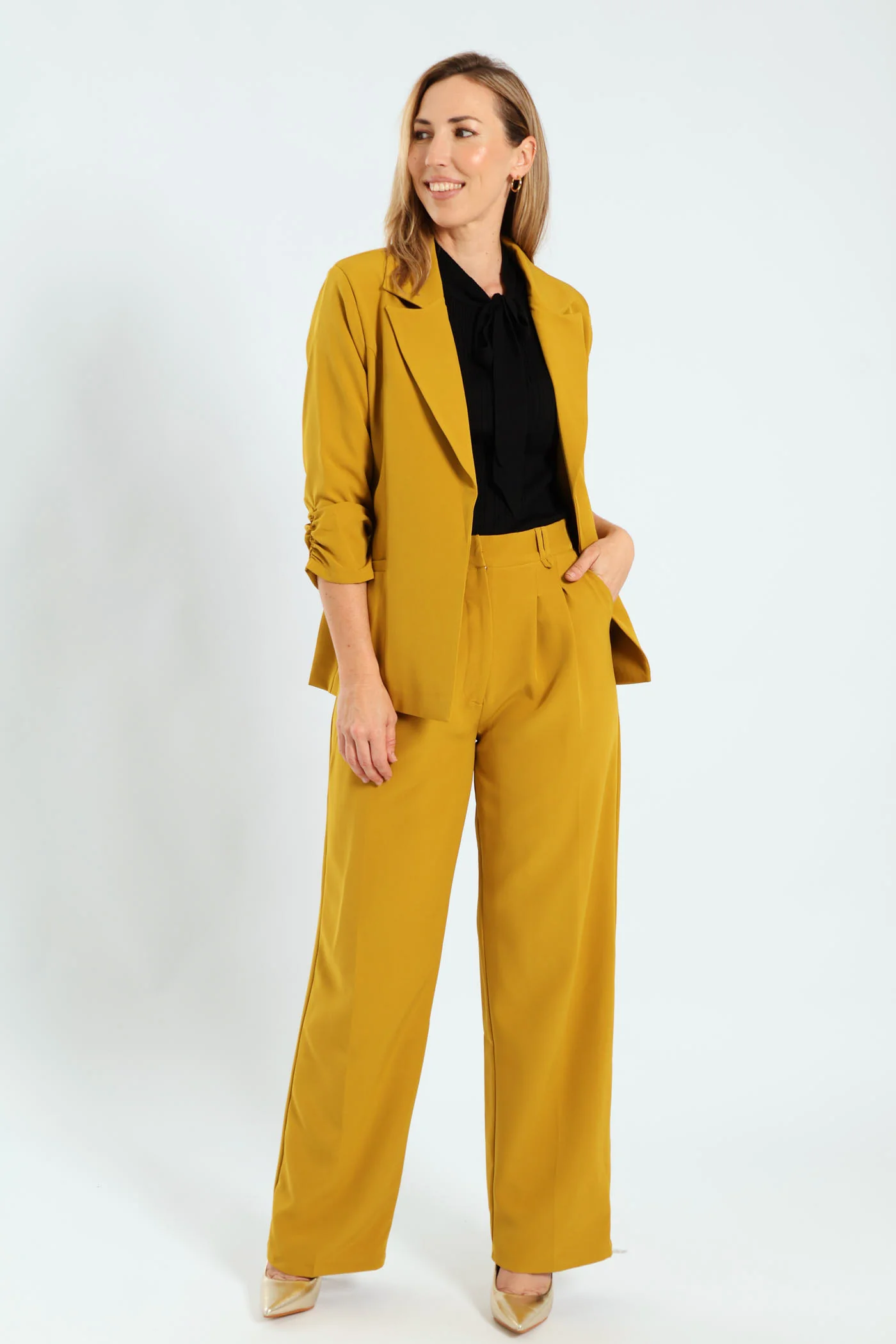 Pleated Belt Loop Wide Leg Pants - Mustard - Image 2