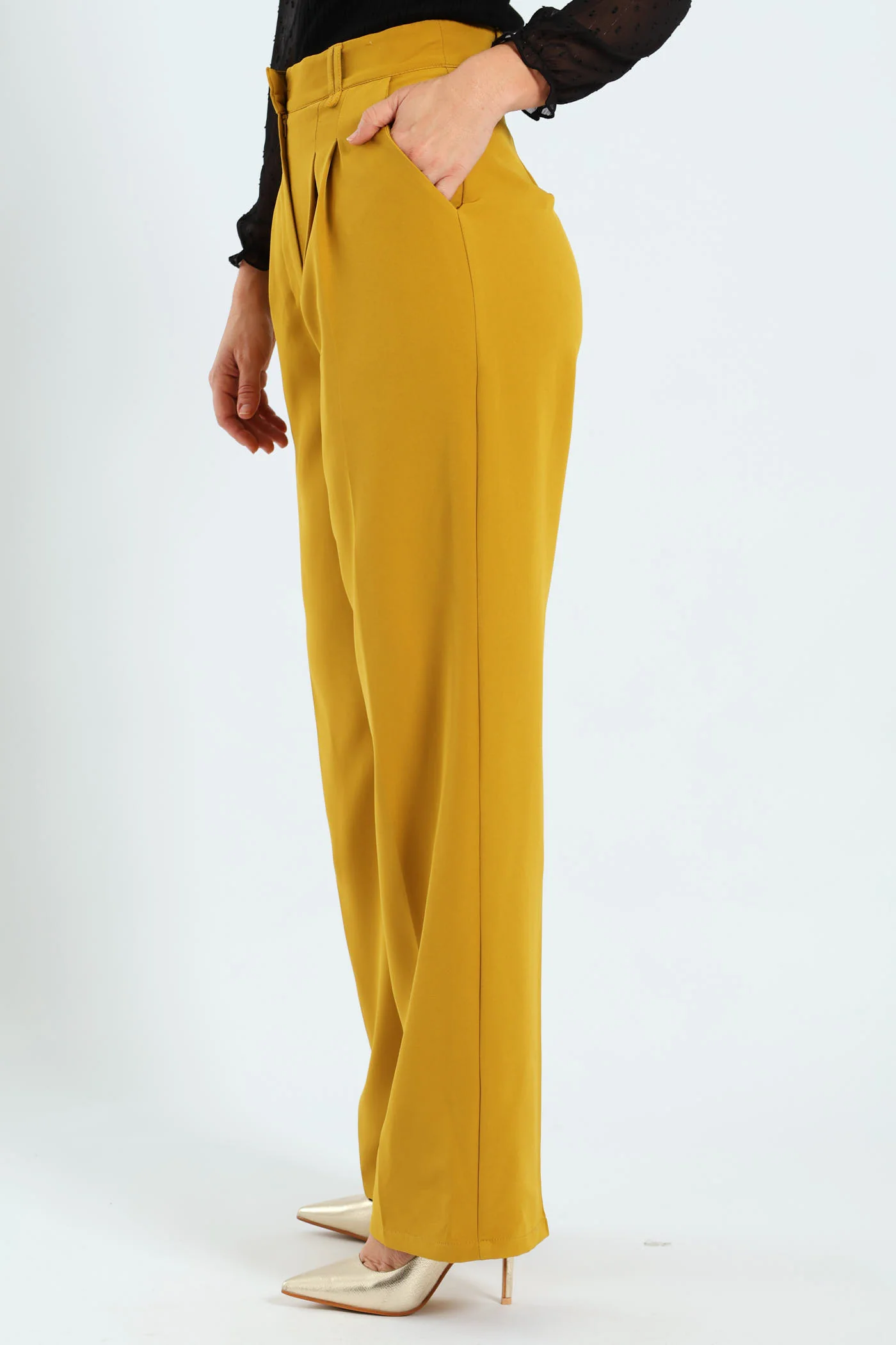 Pleated Belt Loop Wide Leg Pants - Mustard - Image 4