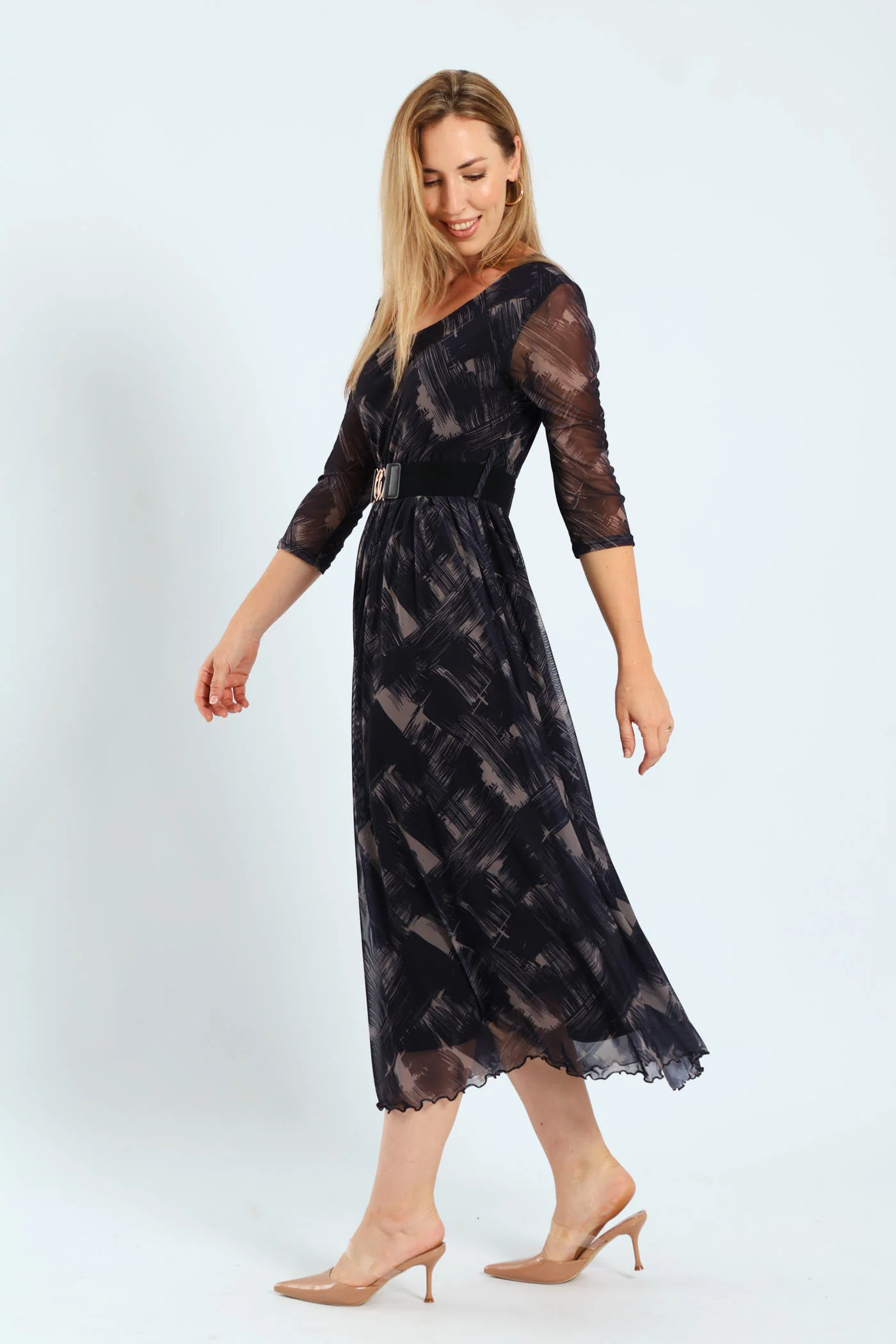 Pleated Belt Mesh Maxi Dress - Image 3