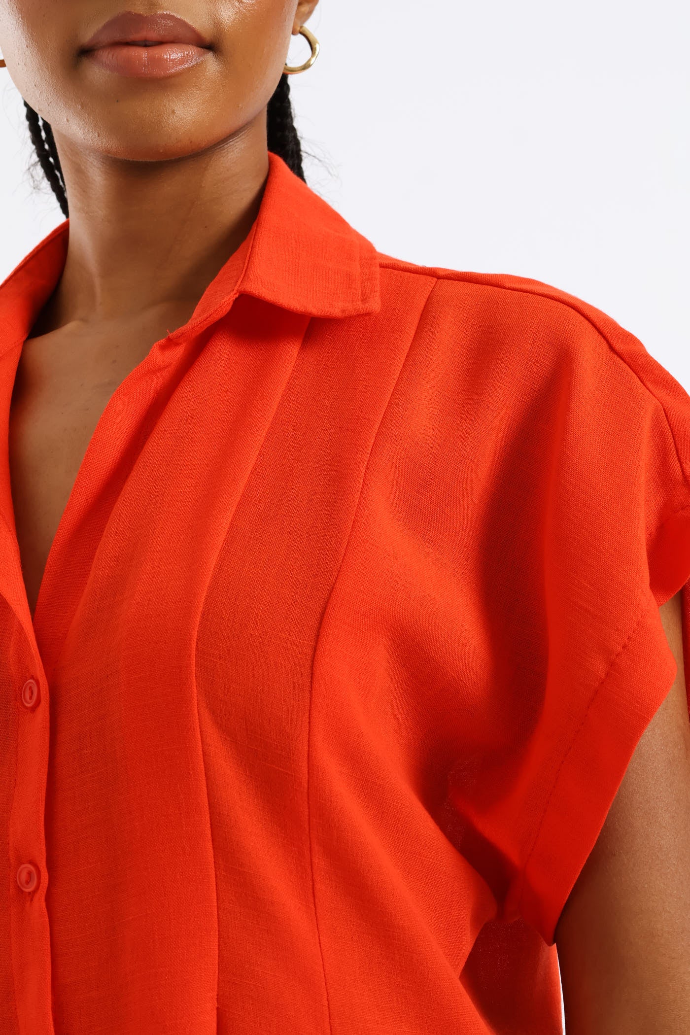 Pleated Bodice Kaftan Midi Shirt Dress - Vermilion - Image 2