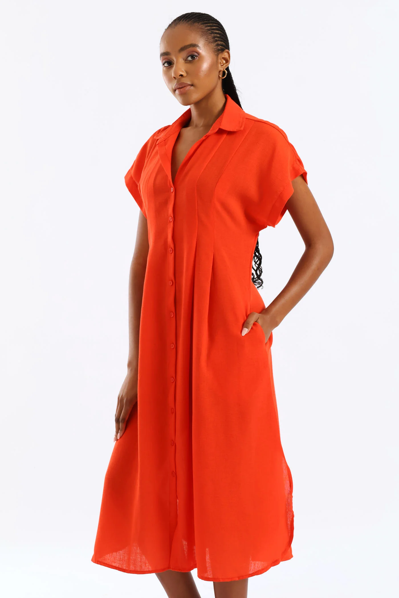 Pleated Bodice Kaftan Midi Shirt Dress - Vermilion - Image 3