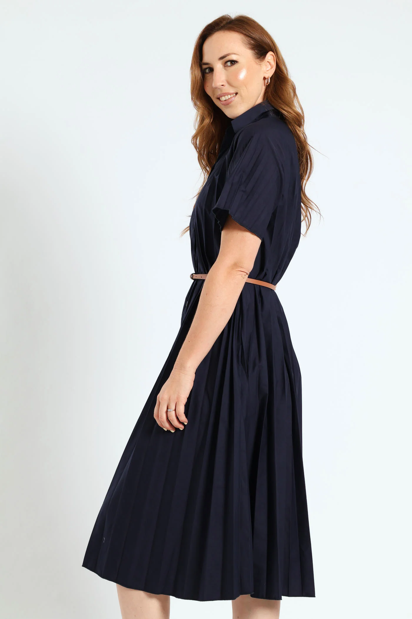 Pleated Button Through Dress - Blue - Image 4