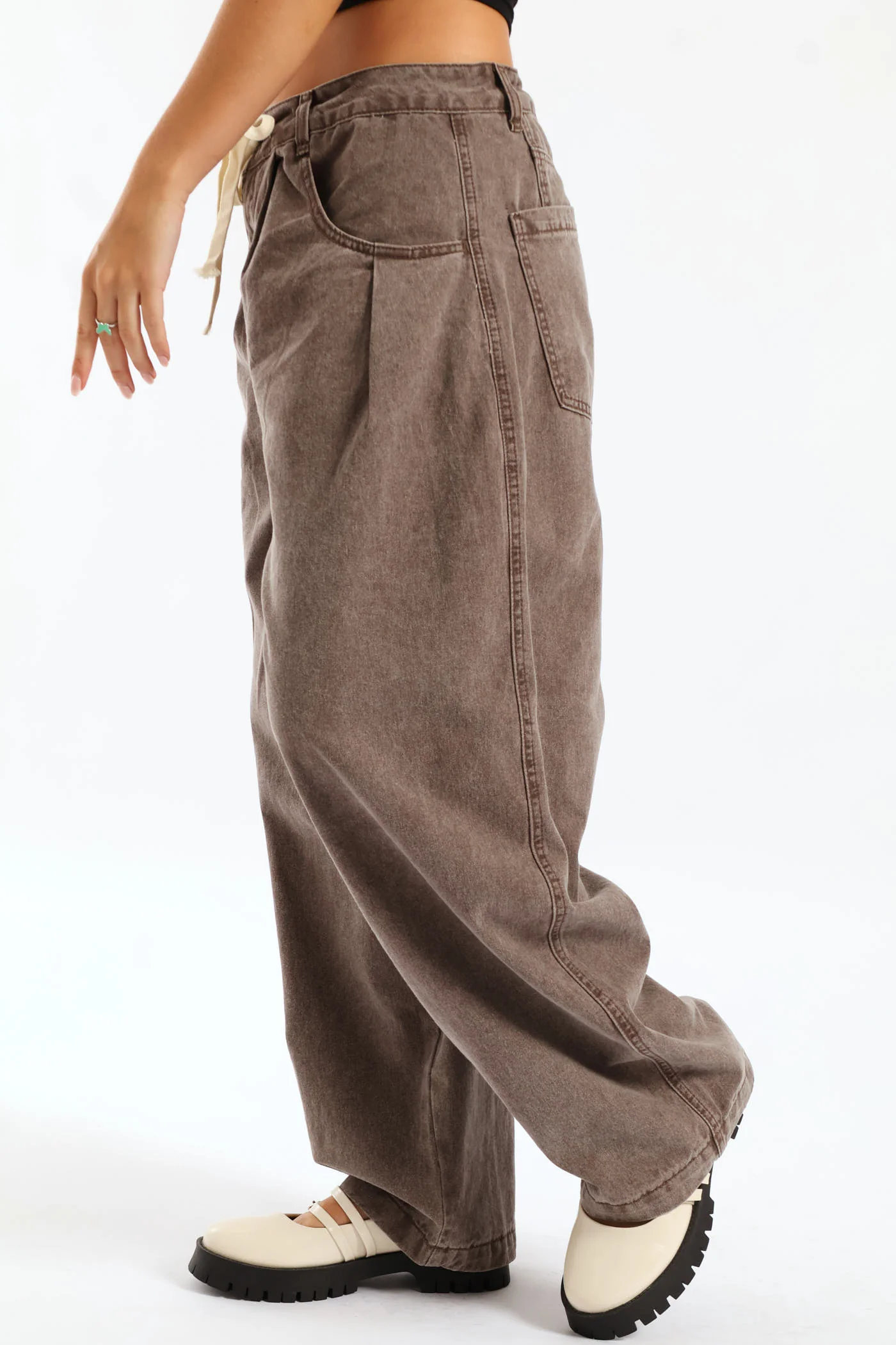 Pleated Cotton Wide Leg Trouser - Chocolate - Image 7