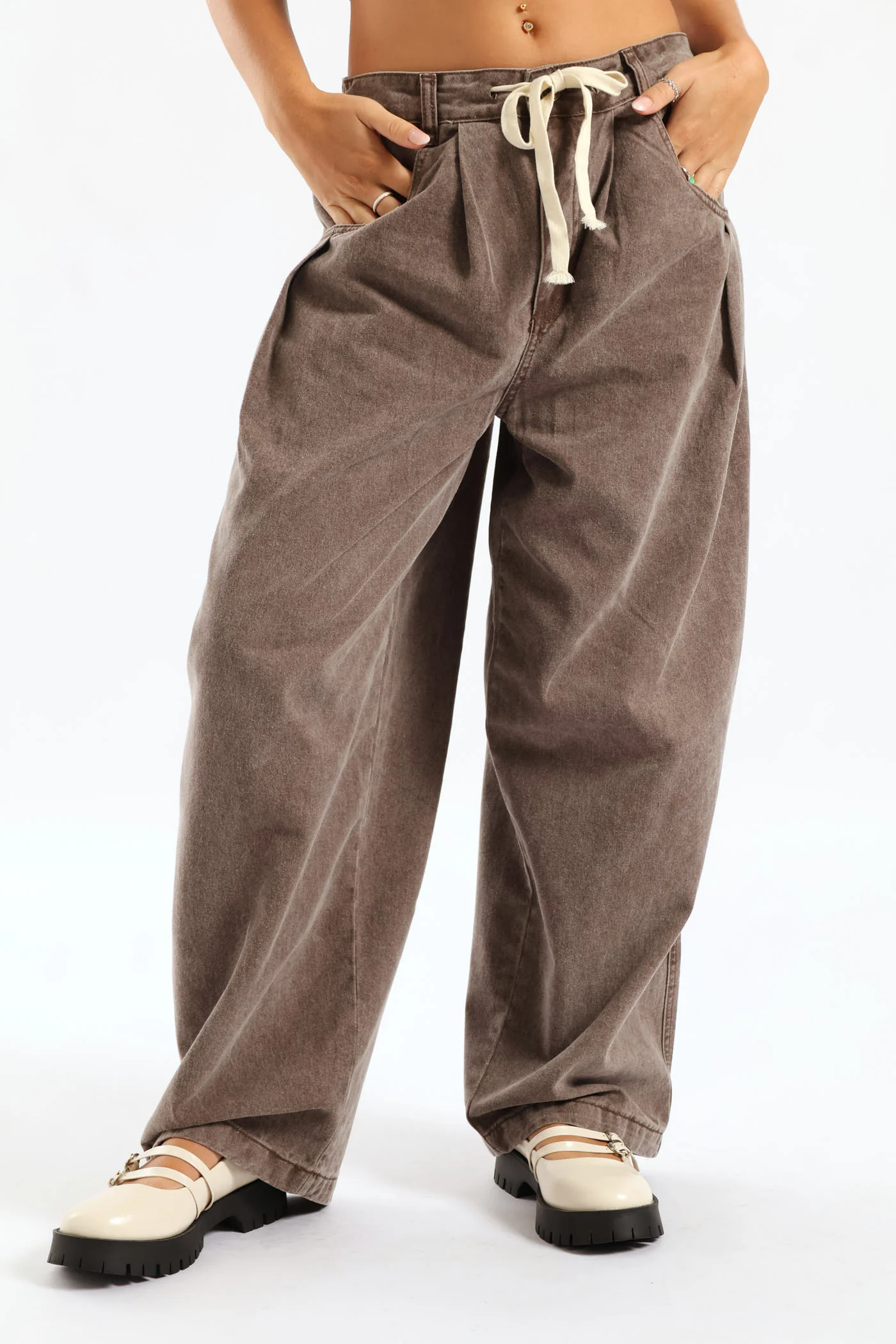 Pleated Cotton Wide Leg Trouser - Chocolate - Image 9