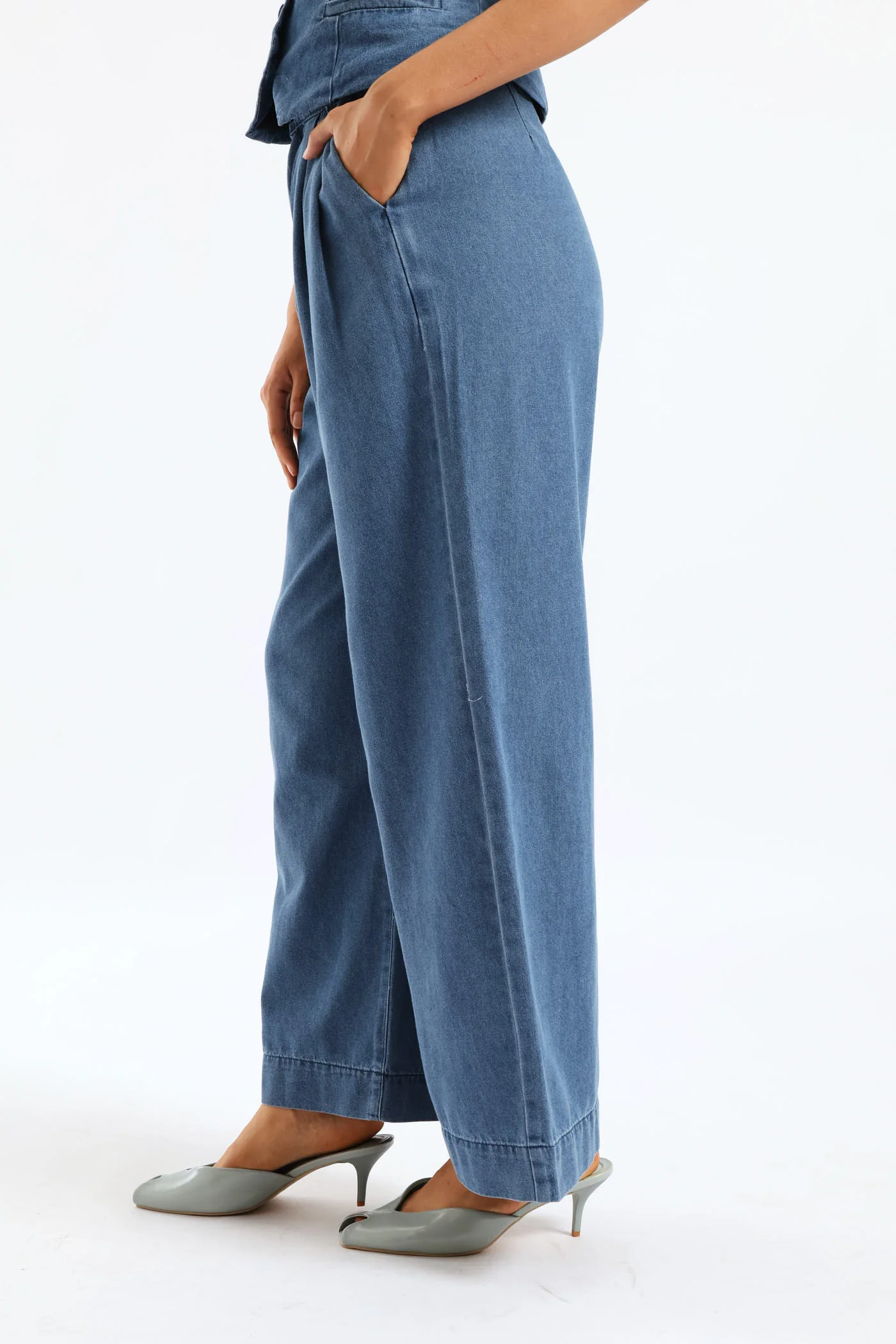 Pleated Detail Wide Leg Denim Trouser - Dark Wash - Image 2