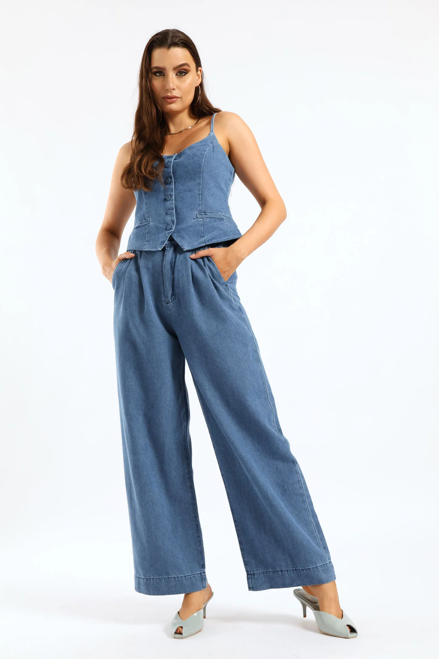 Pleated Detail Wide Leg Denim Trouser - Dark Wash - Image 3