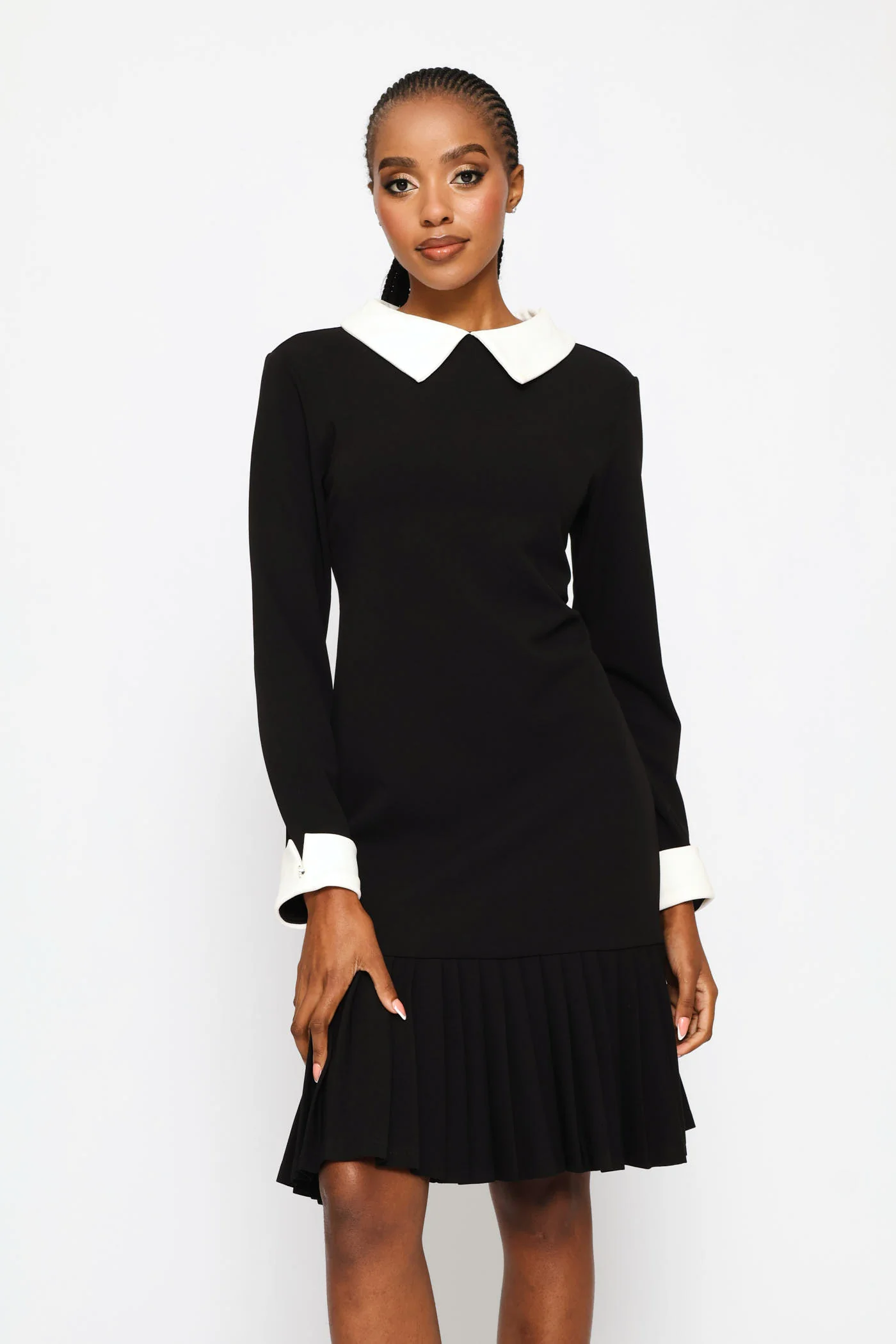Pleated Hem Combo Shirt Dress - Black/Cream - Image 3