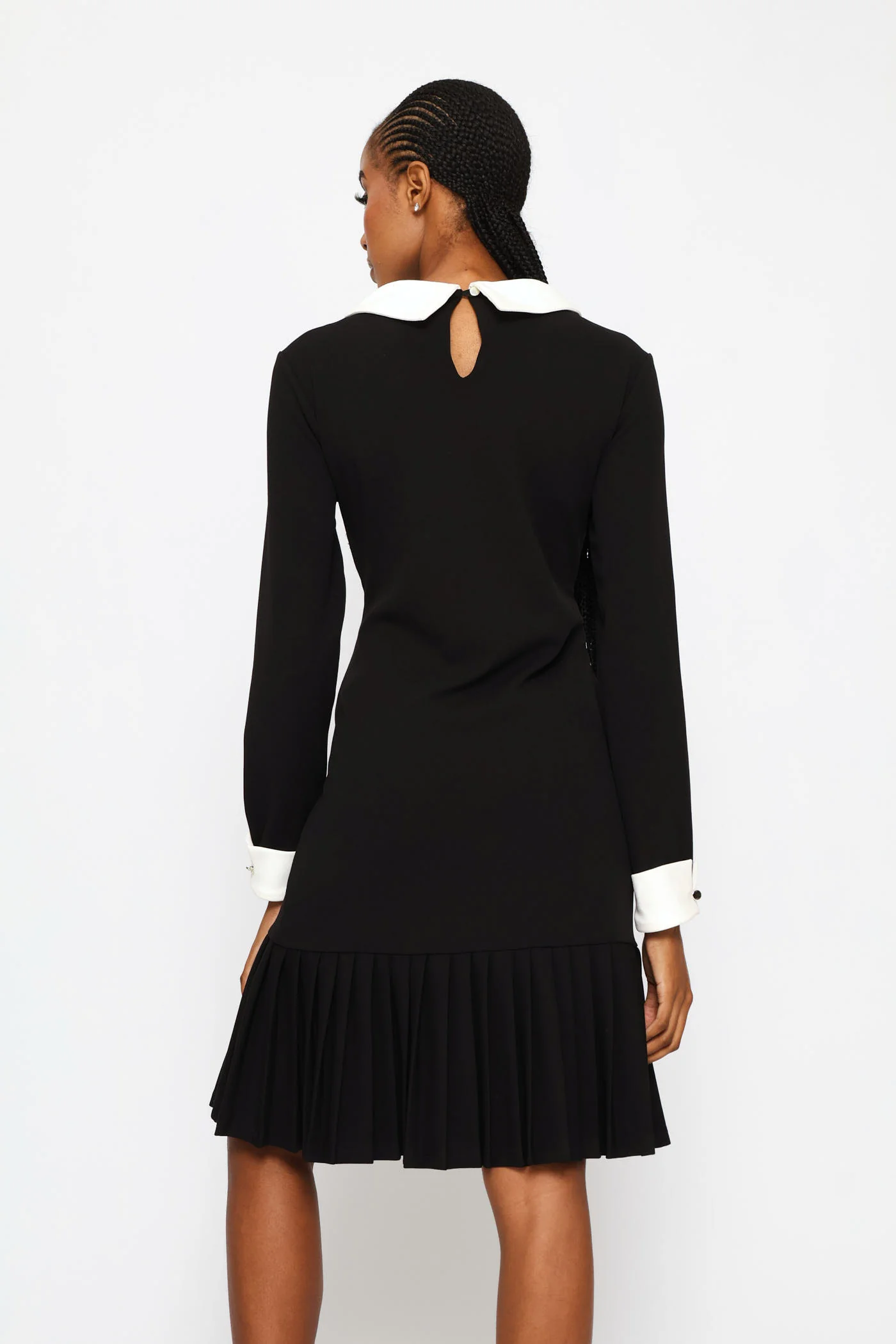 Pleated Hem Combo Shirt Dress - Black/Cream - Image 4