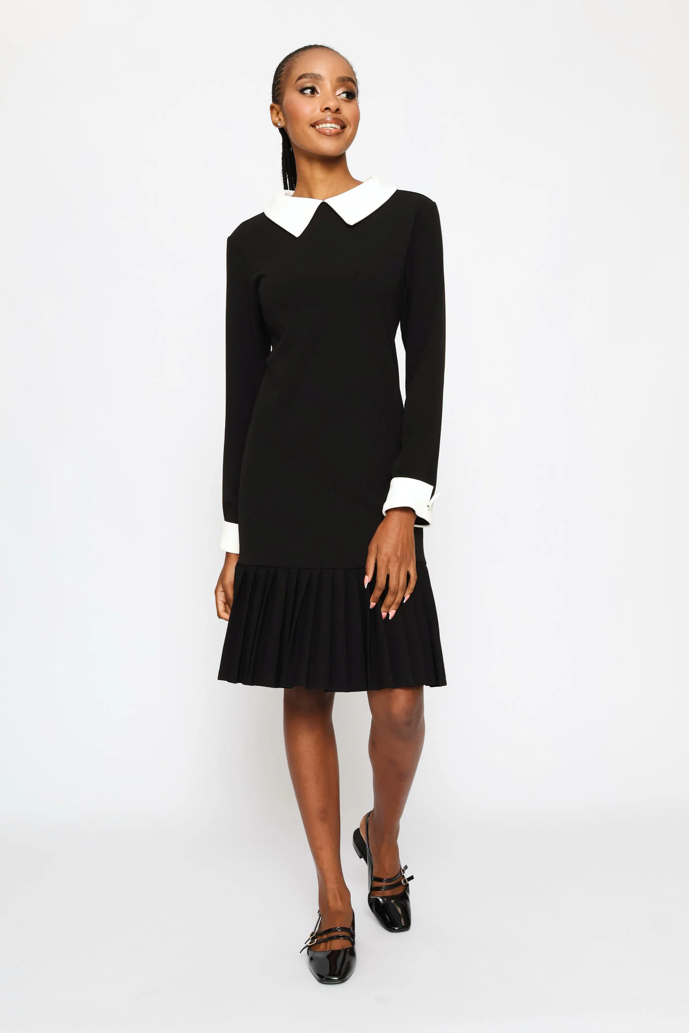 Pleated Hem Combo Shirt Dress - Black/Cream - Image 5