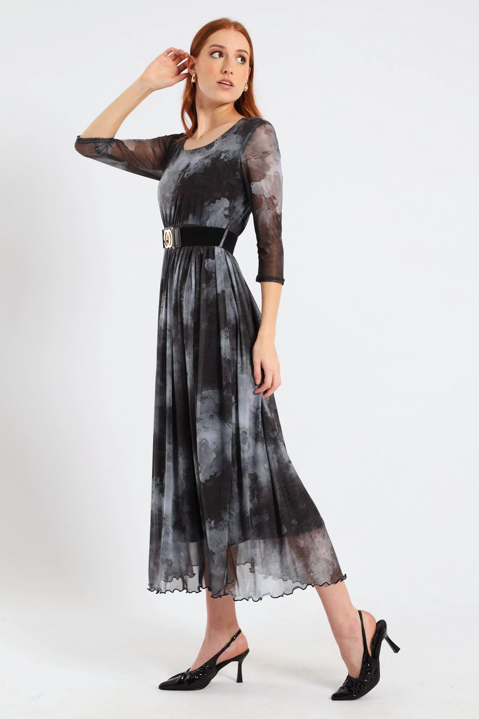 Pleated Mesh Maxi Dress - Marble Grey - Image 2