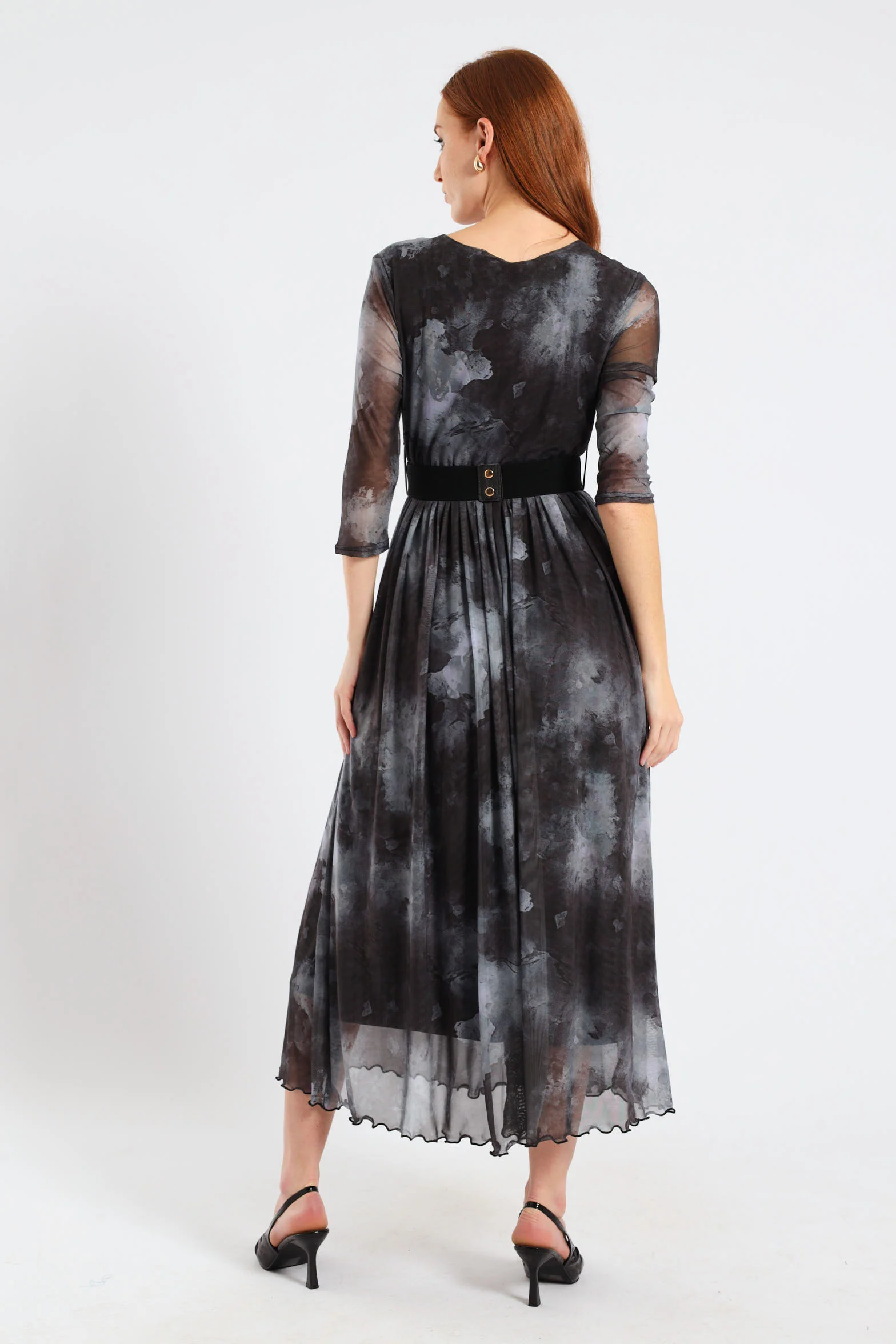 Pleated Mesh Maxi Dress - Marble Grey - Image 3