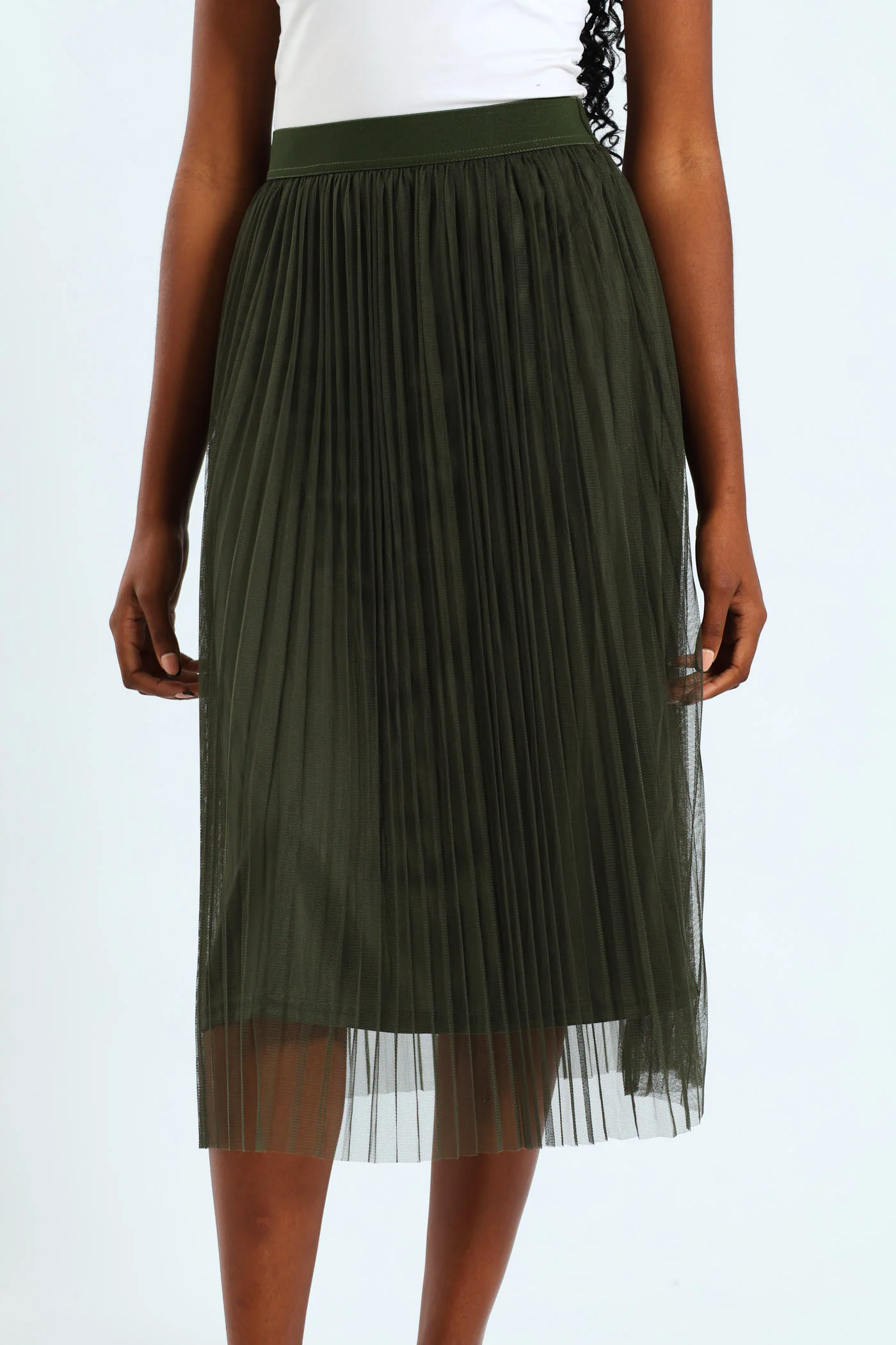 Pleated Mesh Midi Skirt - Olive - Image 2