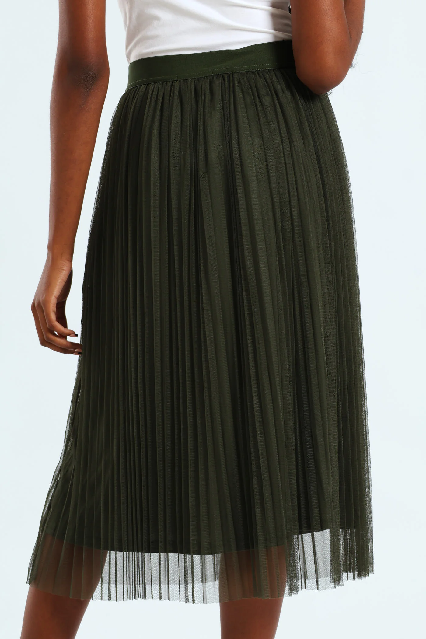Pleated Mesh Midi Skirt - Olive - Image 3