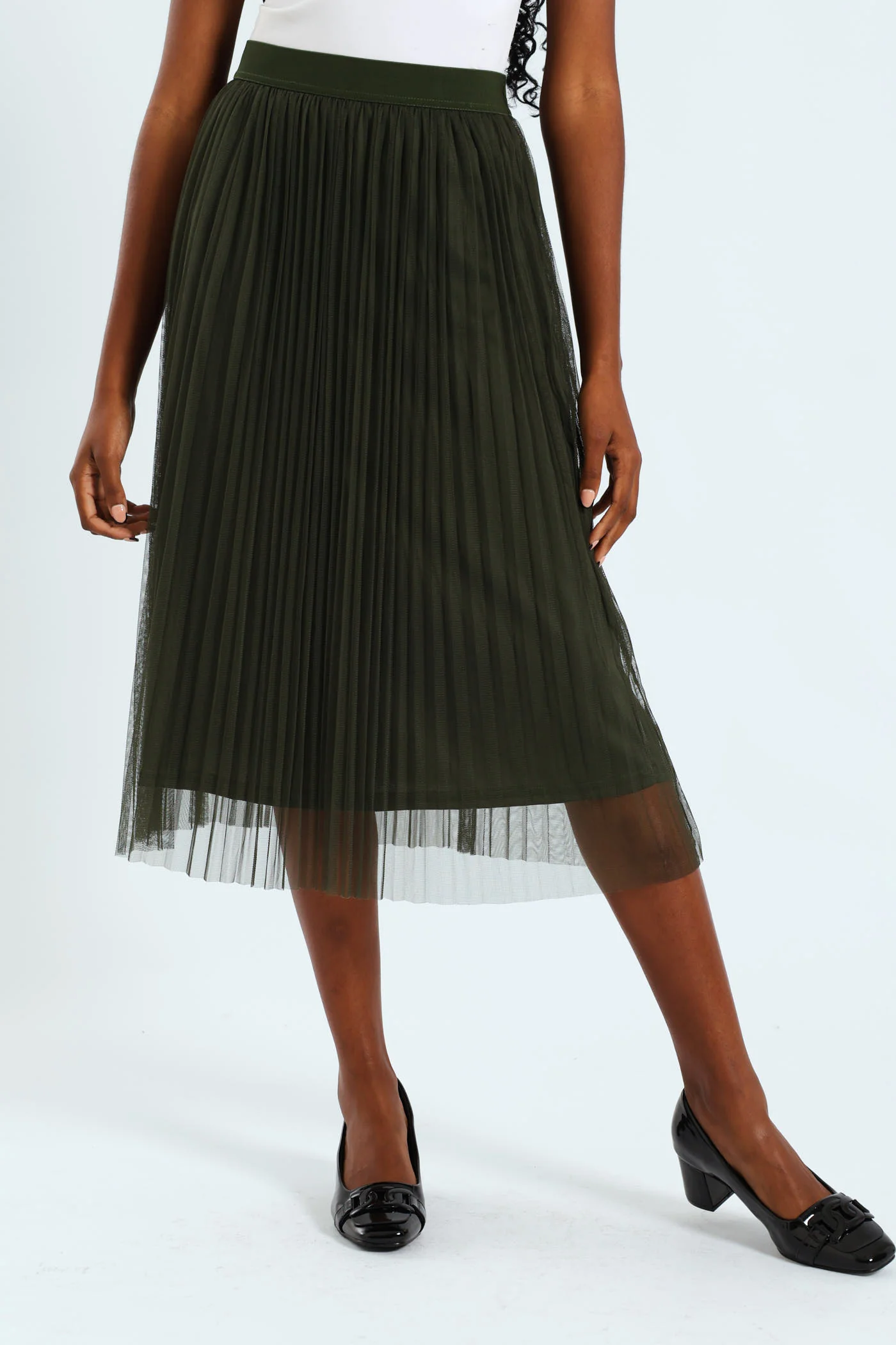 Pleated Mesh Midi Skirt - Olive - Image 4