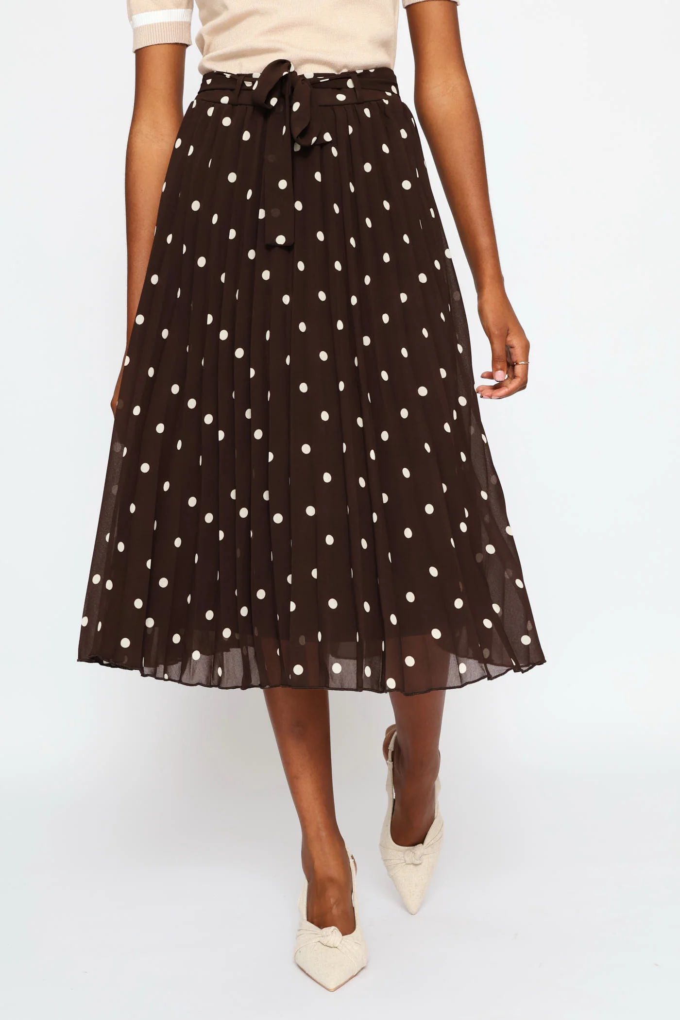 Pleated Polka Dot Chiffon Midi Skirt - Cream/Chocolate - Image 2