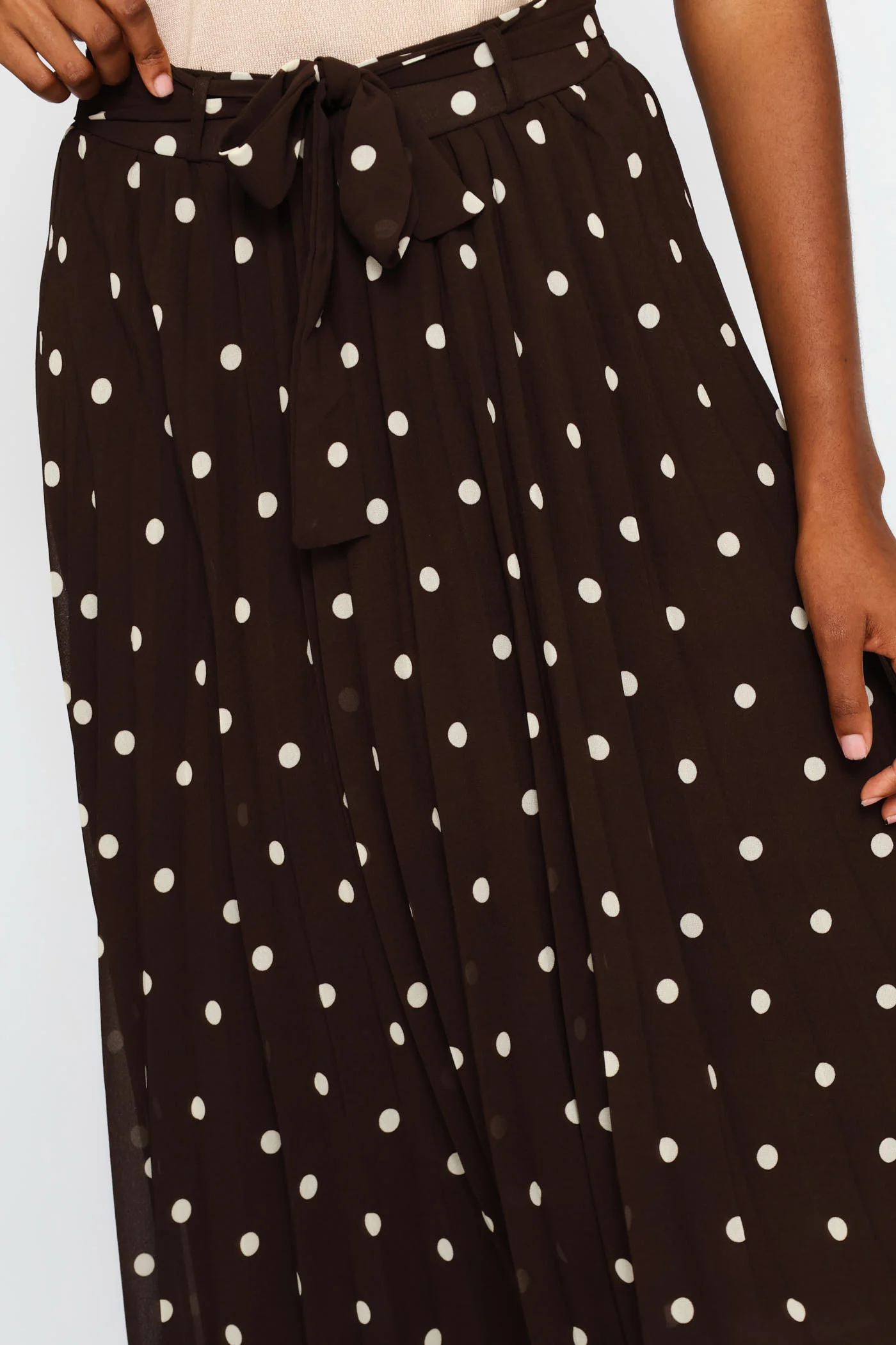Pleated Polka Dot Chiffon Midi Skirt - Cream/Chocolate - Image 3
