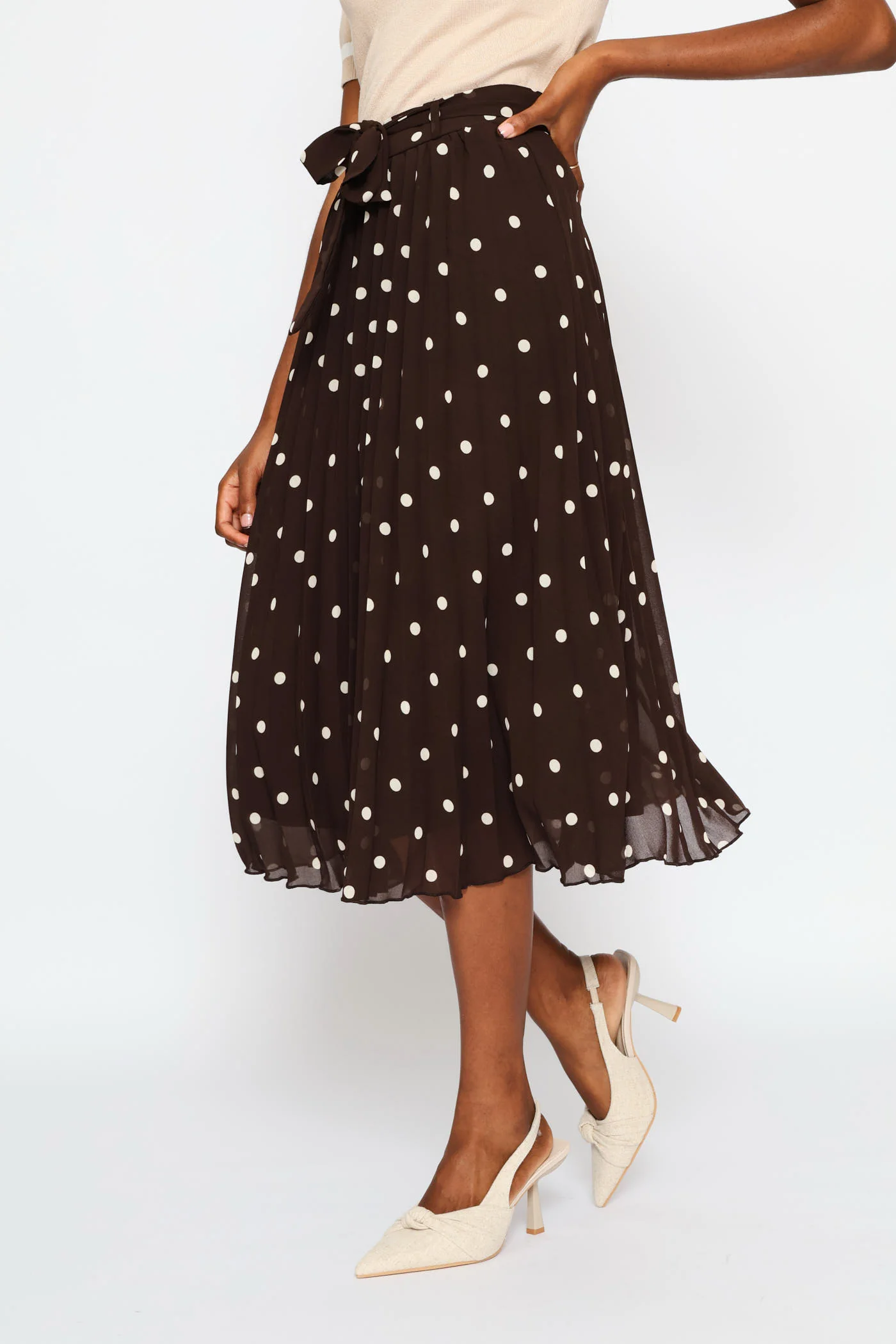 Pleated Polka Dot Chiffon Midi Skirt - Cream/Chocolate - Image 4