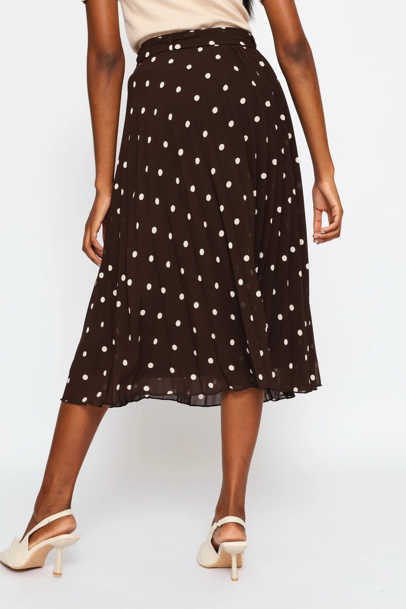 Pleated Polka Dot Chiffon Midi Skirt - Cream/Chocolate - Image 5