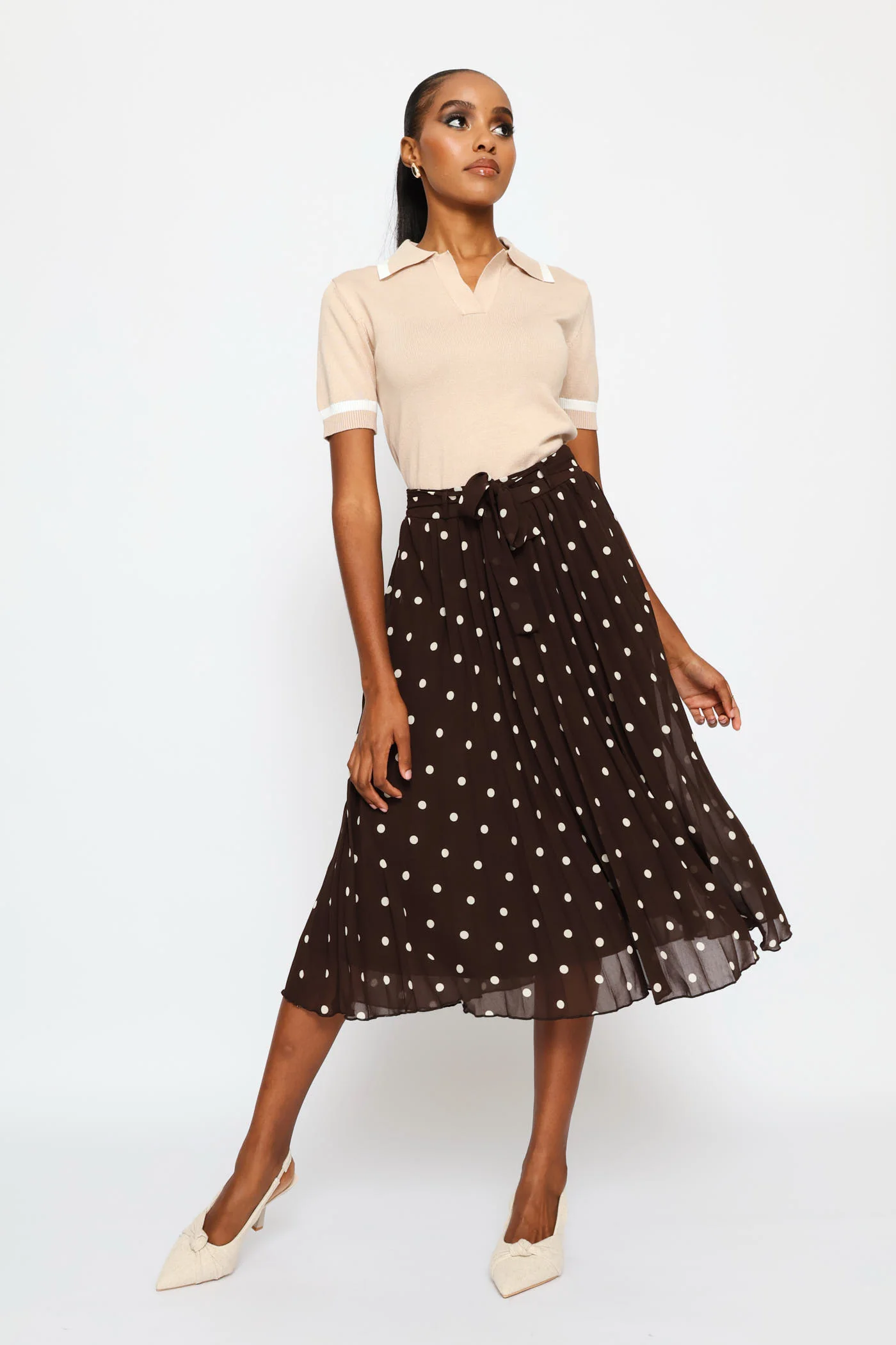 Pleated Polka Dot Chiffon Midi Skirt - Cream/Chocolate - Image 6