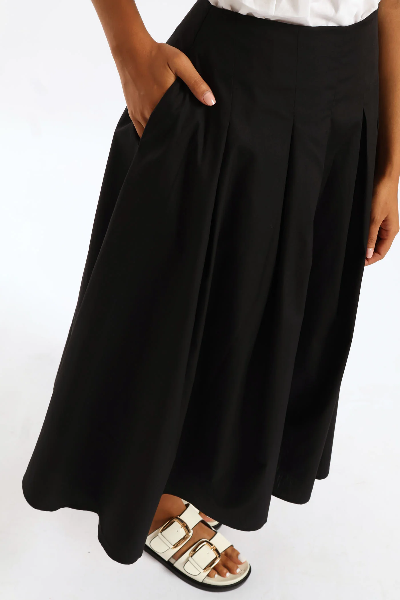 Pleated Poplin Structured Midi Dressy Skirt - Black - Image 2