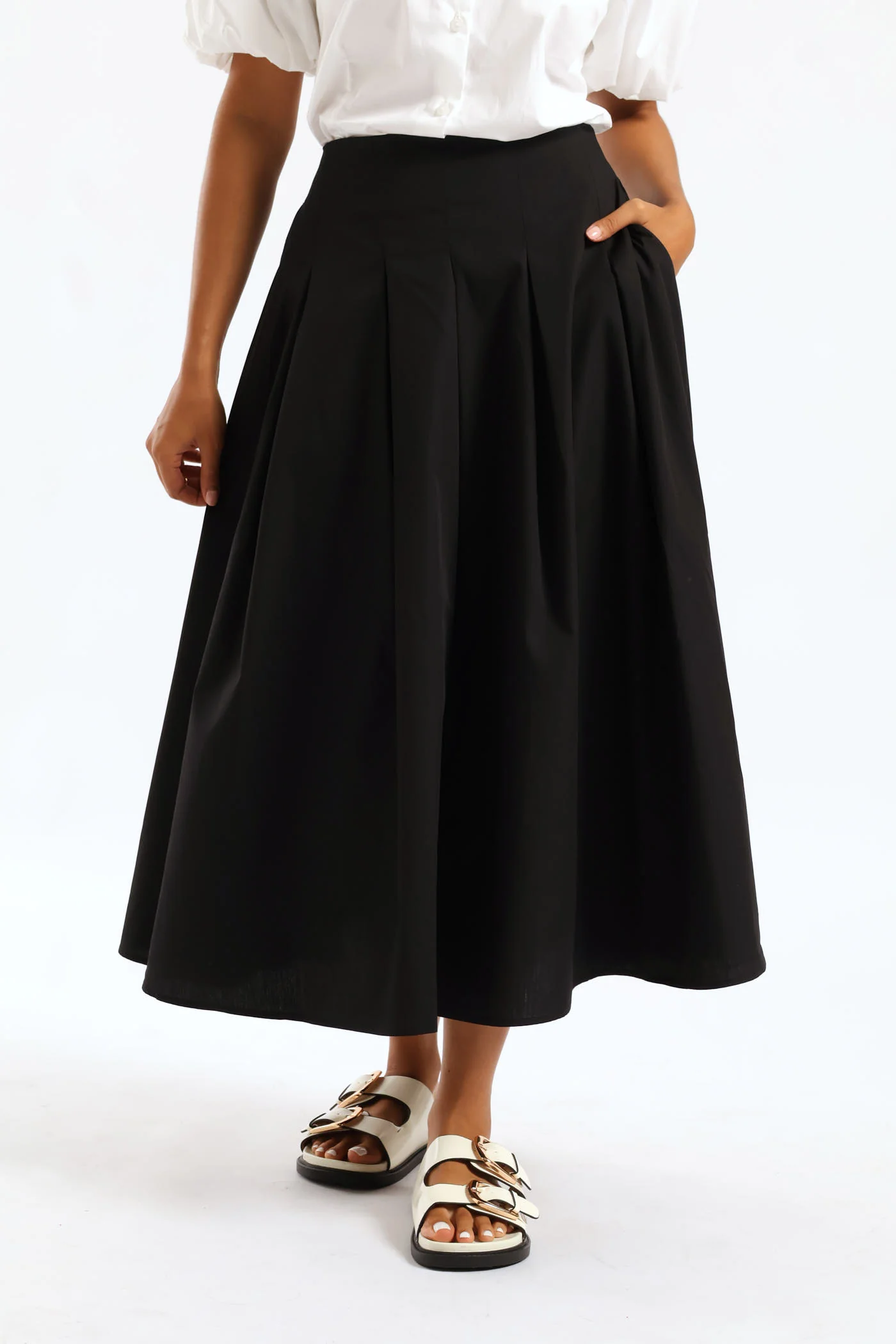 Pleated Poplin Structured Midi Dressy Skirt - Black - Image 3