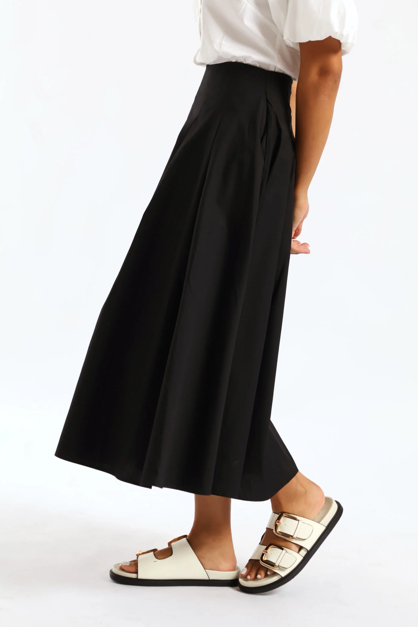 Pleated Poplin Structured Midi Dressy Skirt - Black - Image 4