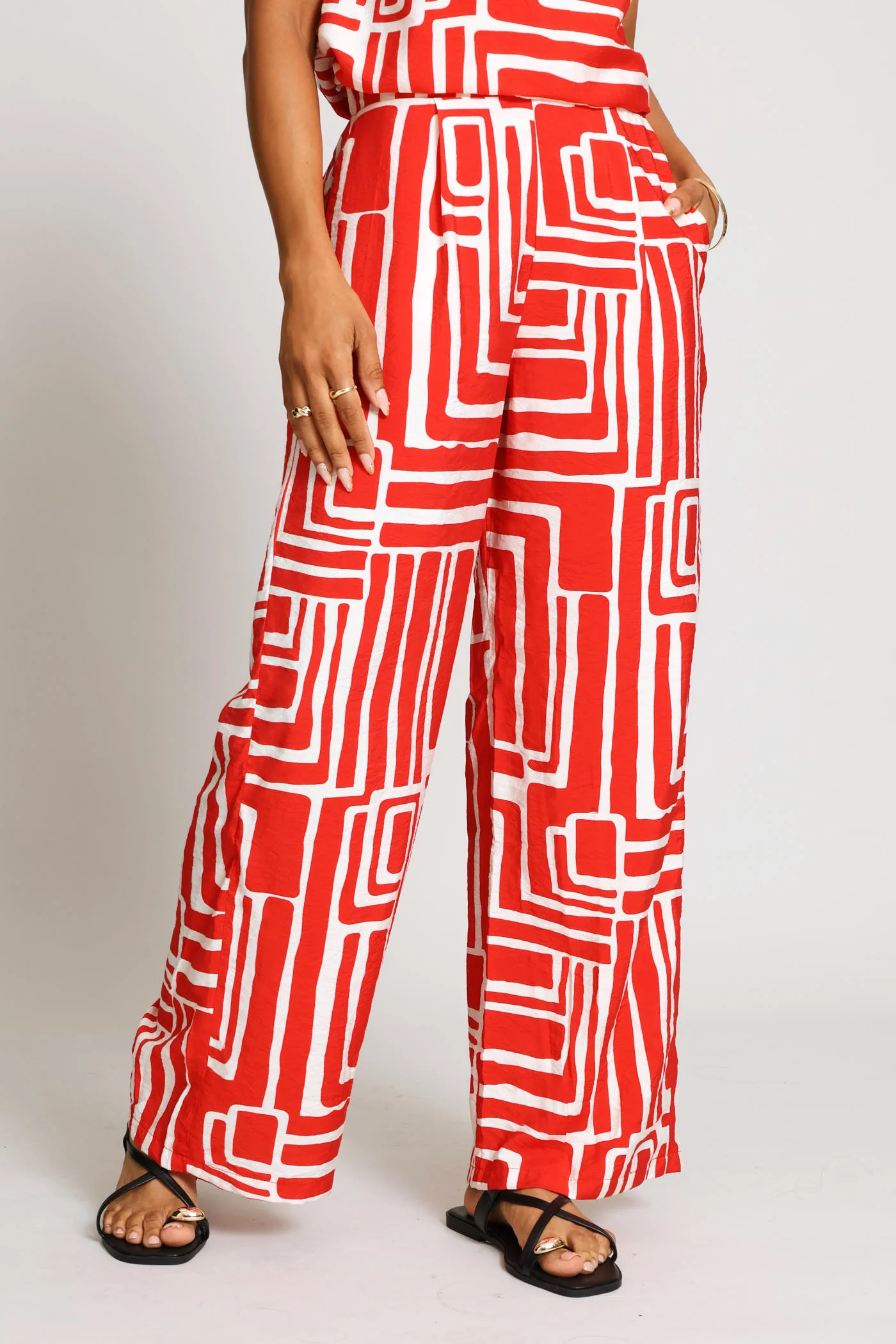 Pleated Pull On Wideleg Pant - Red/Multi - Image 2