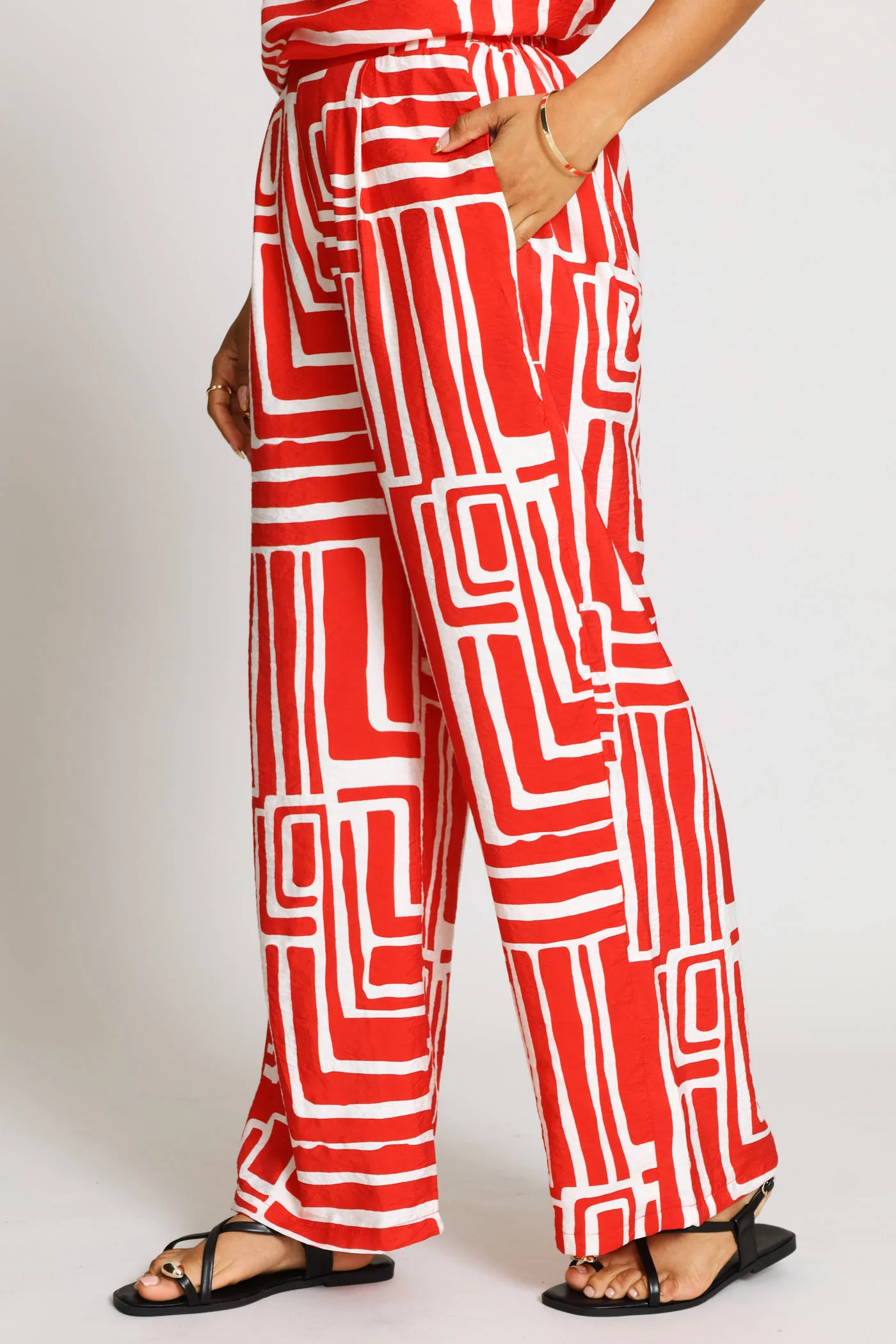 Pleated Pull On Wideleg Pant - Red/Multi - Image 3