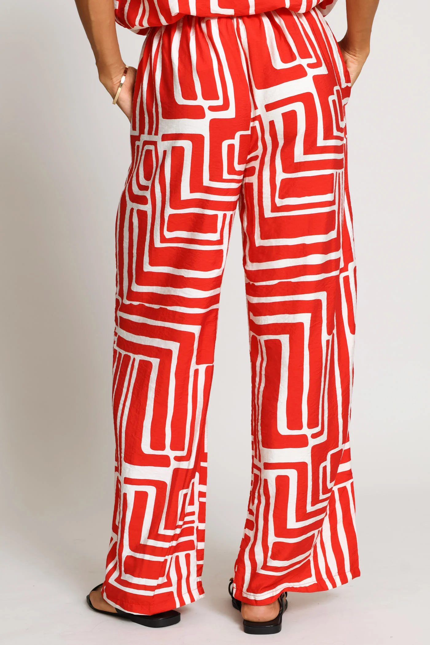 Pleated Pull On Wideleg Pant - Red/Multi - Image 4