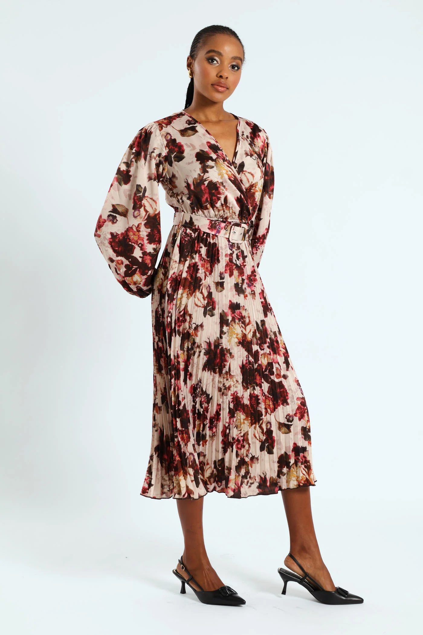 Pleated Satin Belted Wrap Maxi Dress - Cream - Image 2