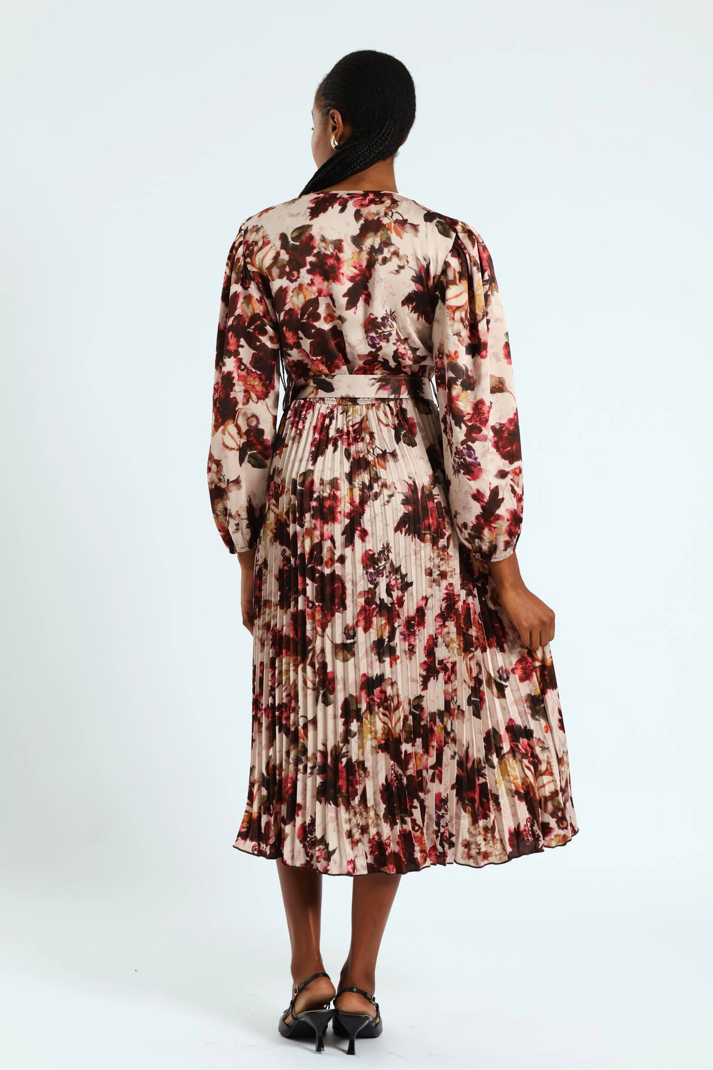 Pleated Satin Belted Wrap Maxi Dress - Cream - Image 3