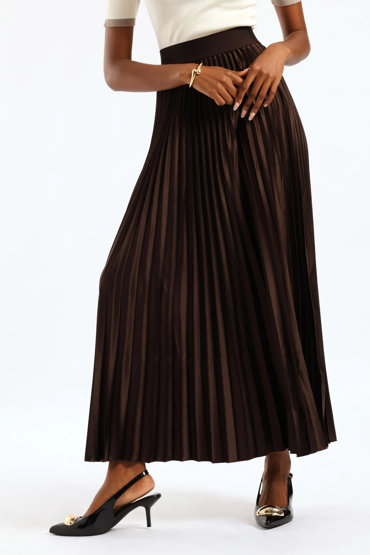 Pleated Satin Maxi Skirt - Bitter Chocolate - Image 2