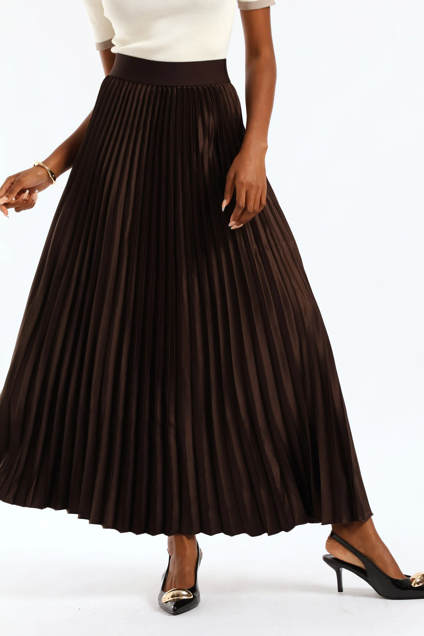 Pleated Satin Maxi Skirt - Bitter Chocolate - Image 3