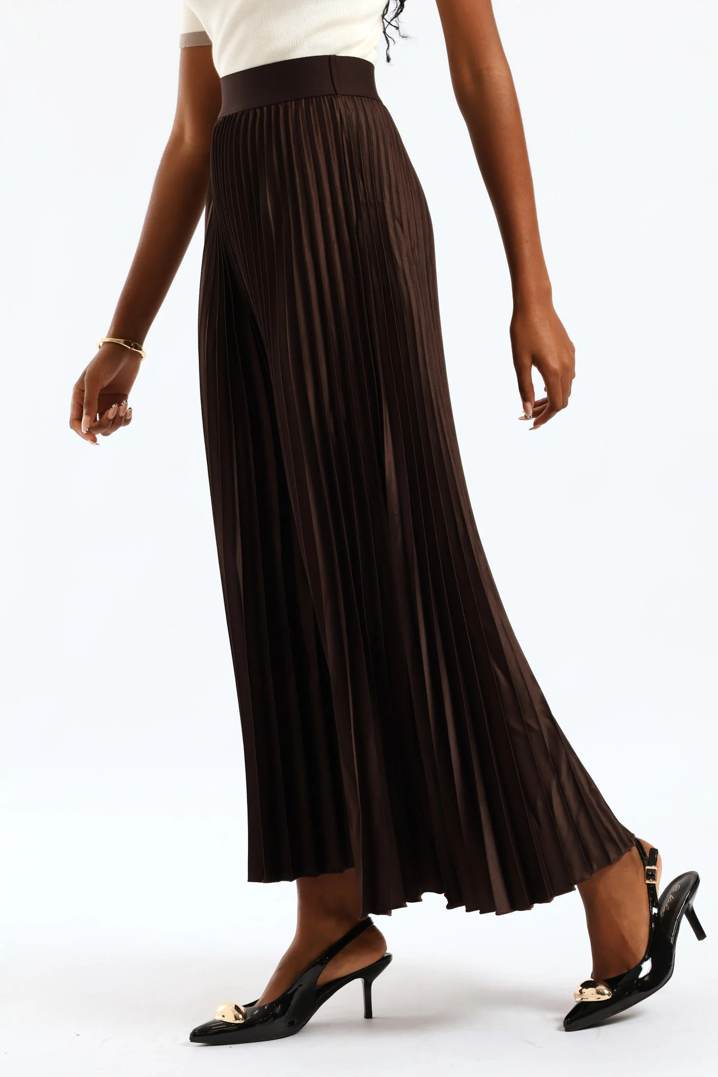 Pleated Satin Maxi Skirt - Bitter Chocolate - Image 4