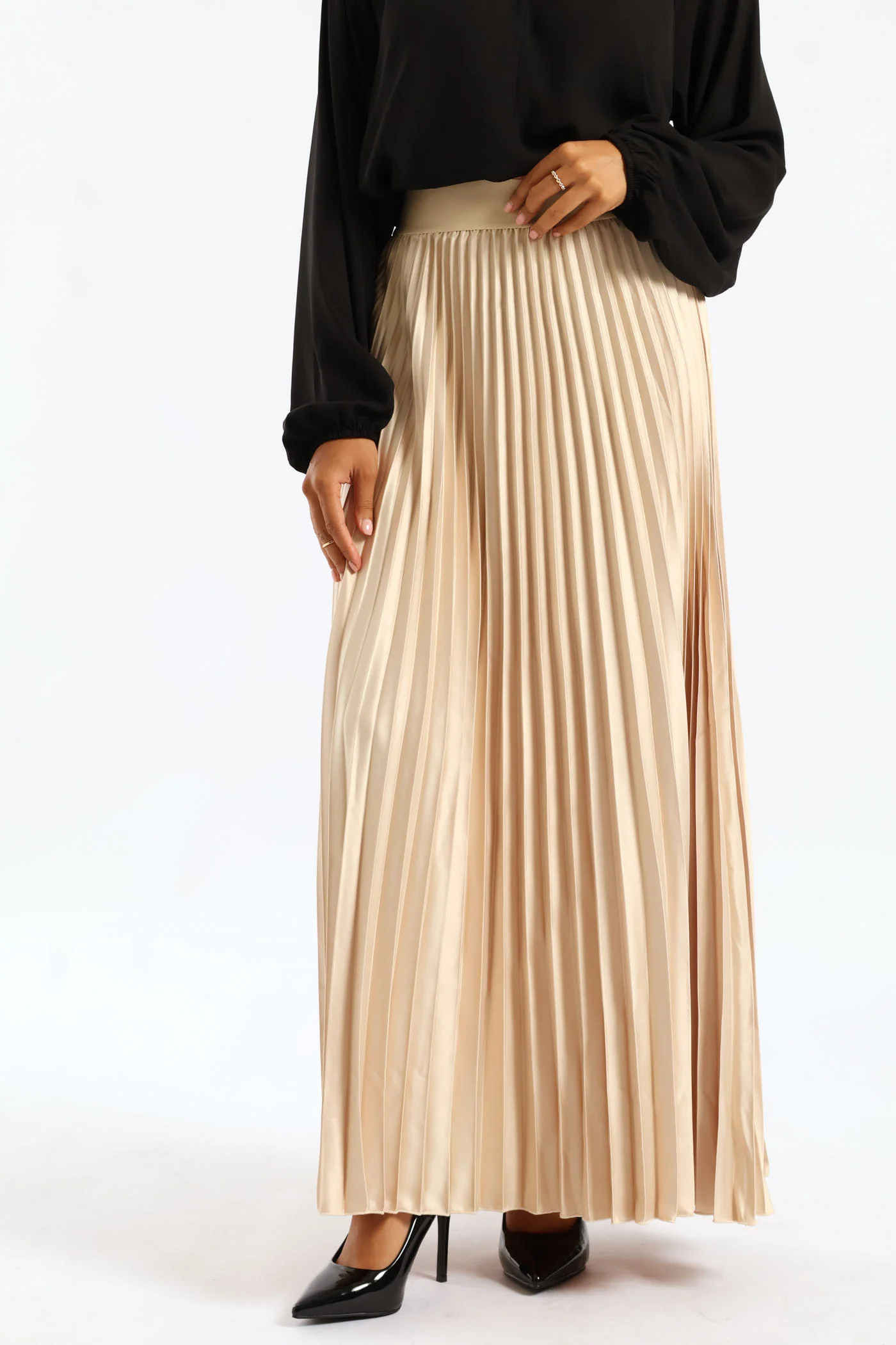 Pleated Satin Maxi Skirt - Bone - Image 3