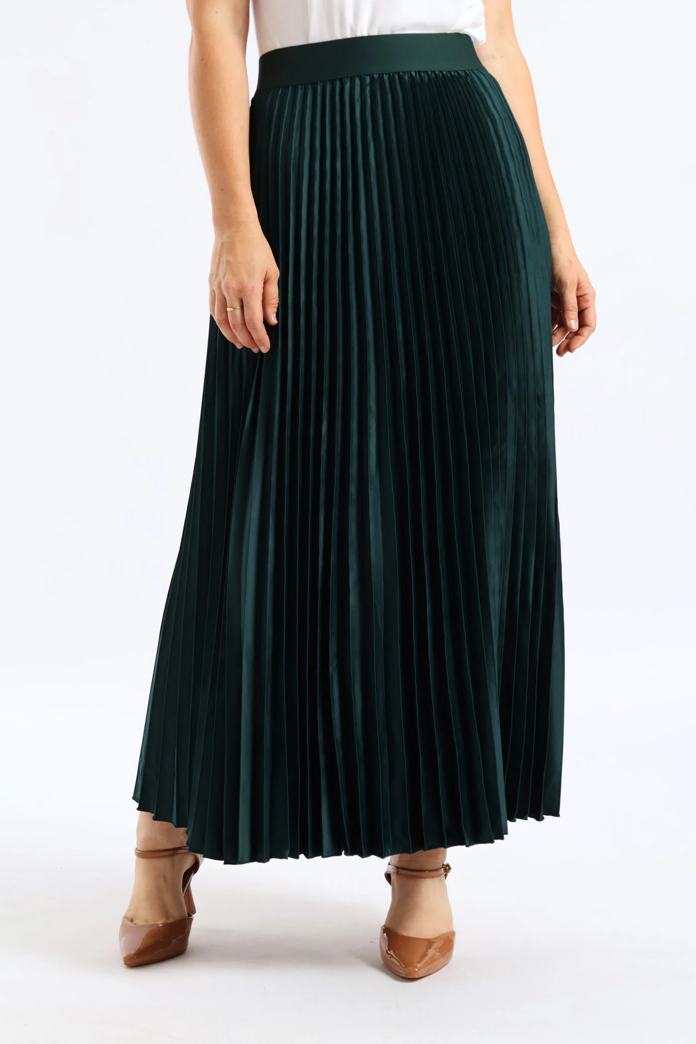 Pleated Satin Maxi Skirt - Bottle - Image 2