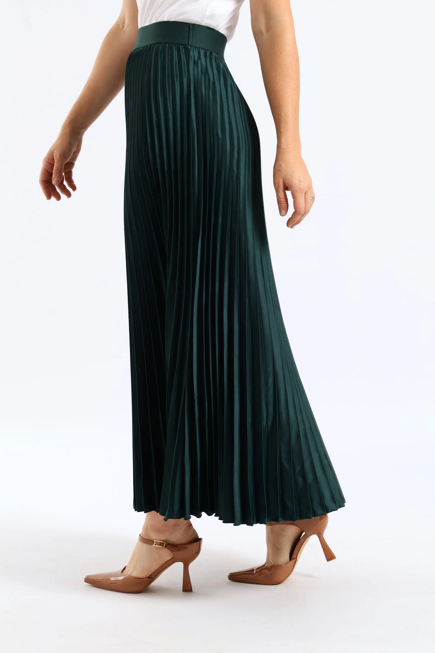 Pleated Satin Maxi Skirt - Bottle - Image 3